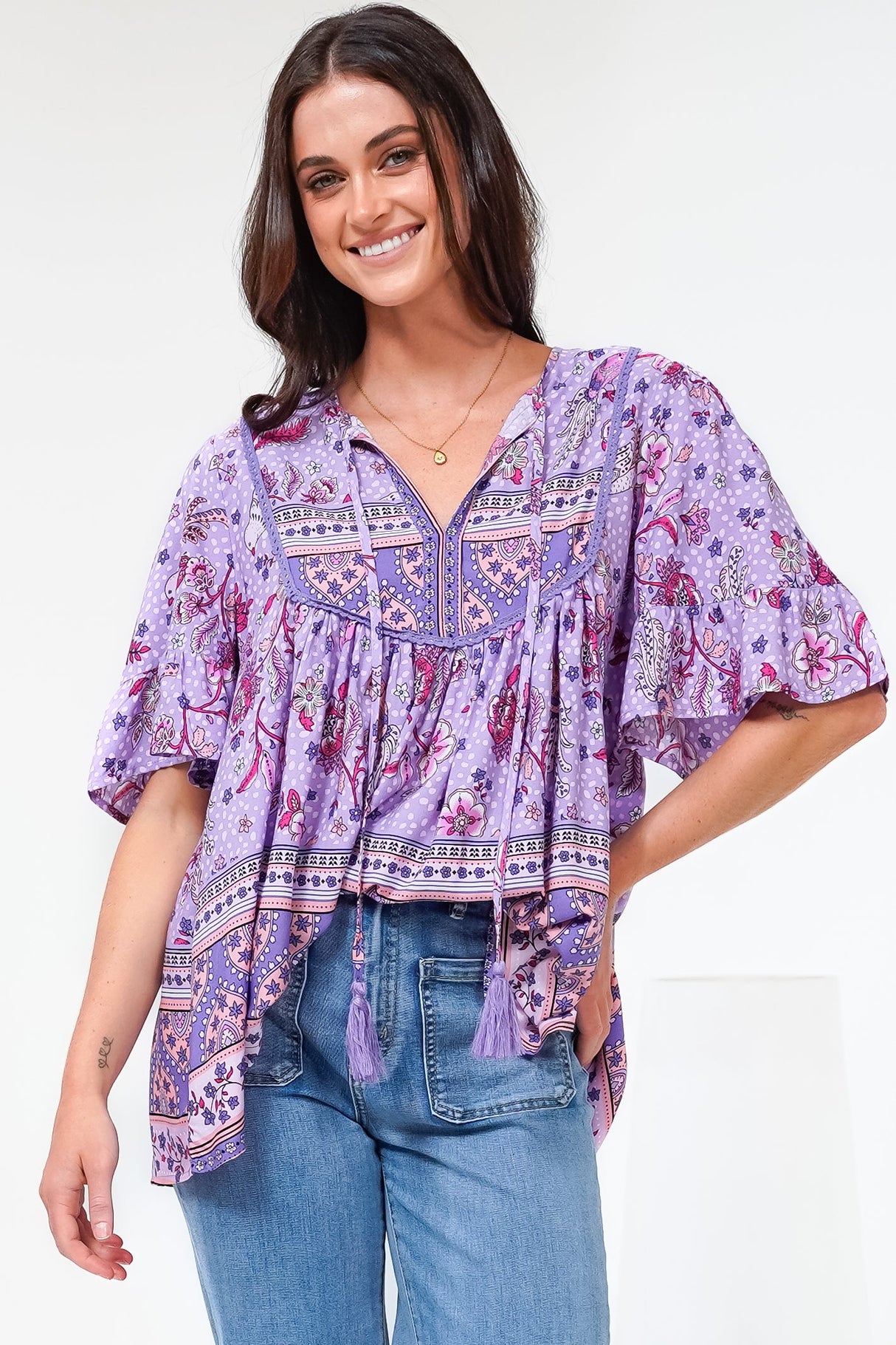 Enzo Top - Babydoll Flutter Sleeve Pullover Top in Zaifiri Print Lilac