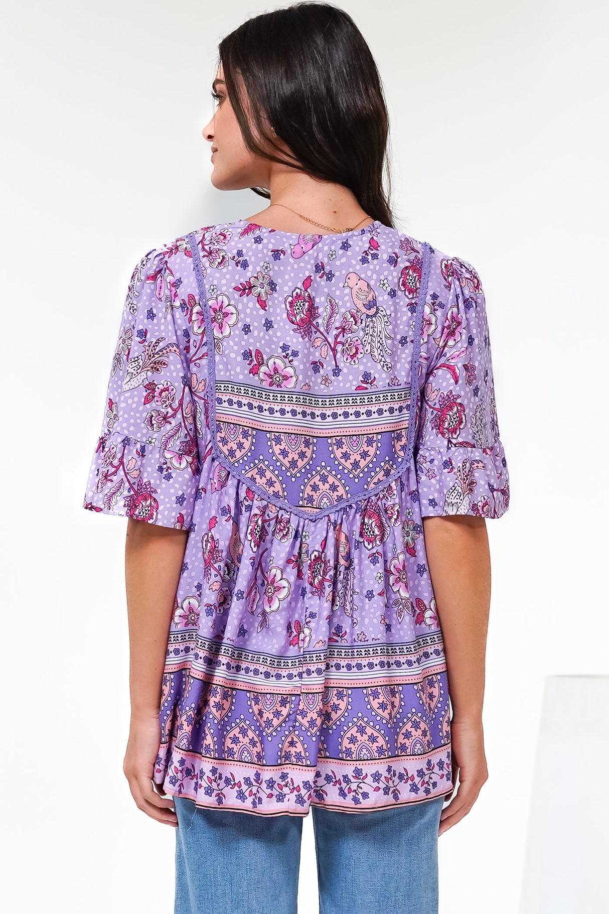 Enzo Top - Babydoll Flutter Sleeve Pullover Top in Zaifiri Print Lilac
