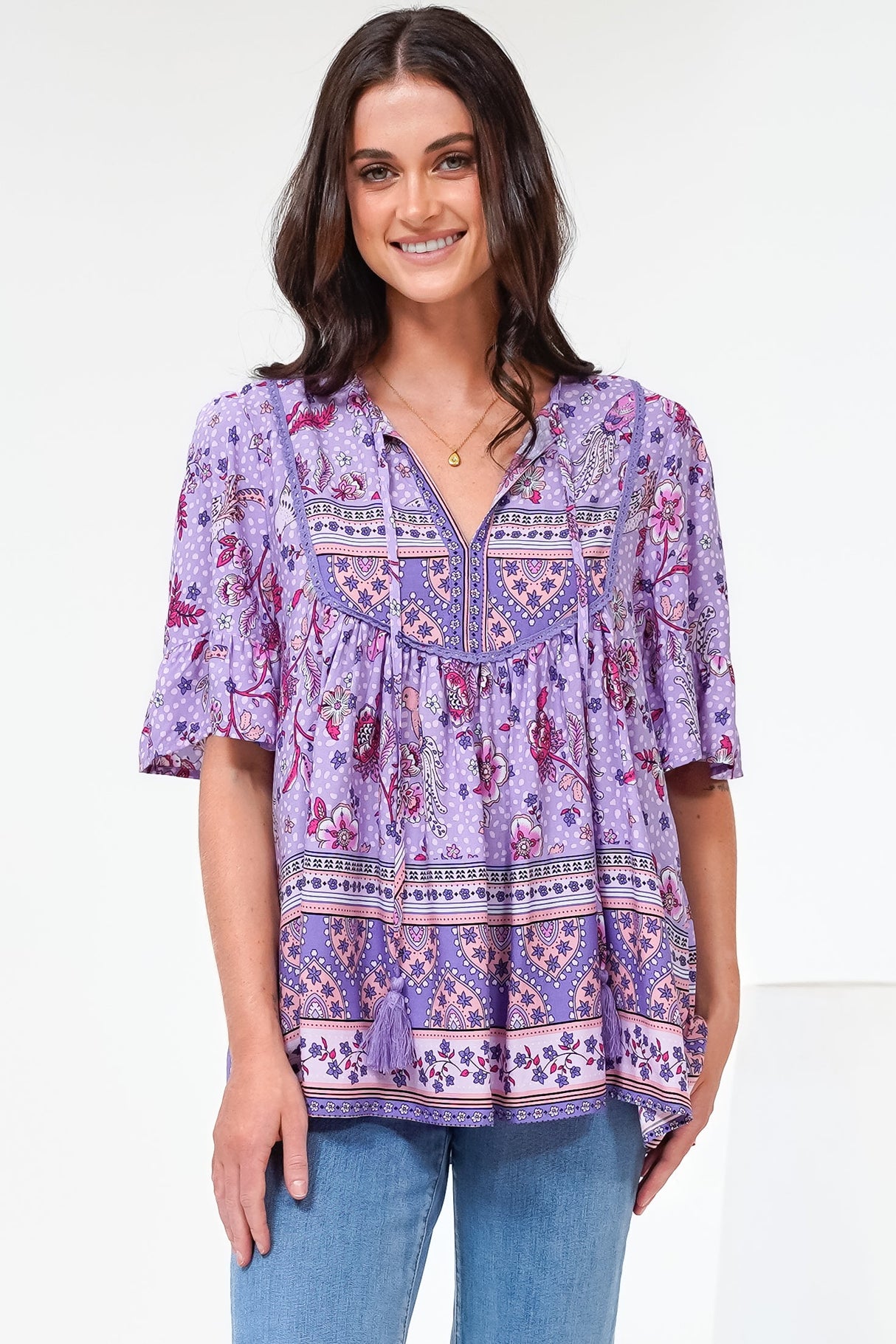 Enzo Top - Babydoll Flutter Sleeve Pullover Top in Zaifiri Print Lilac