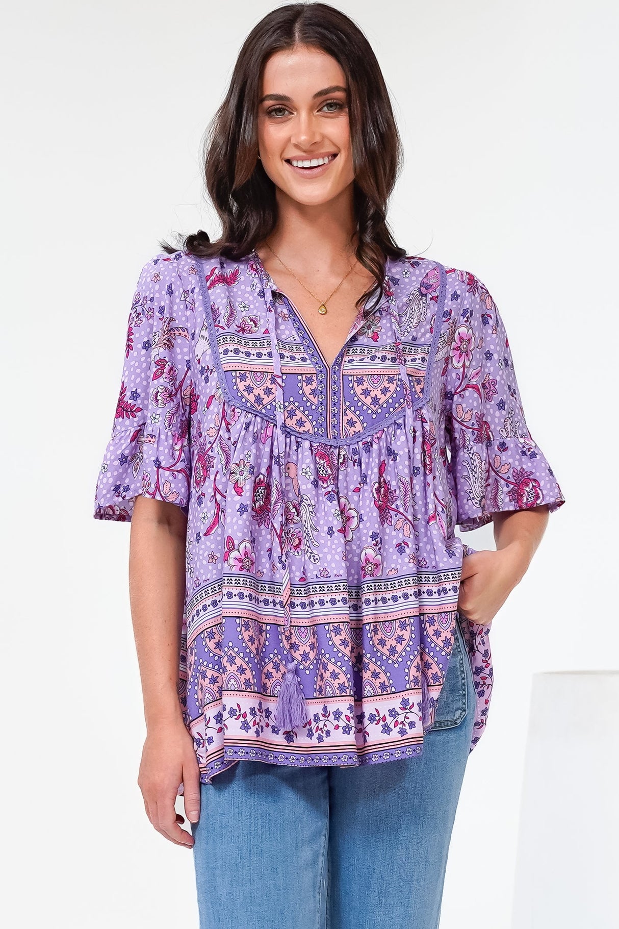 Enzo Top - Babydoll Flutter Sleeve Pullover Top in Zaifiri Print Lilac