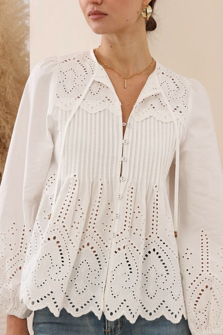Essie Top - Long Sleeve Cotton Eyelet Detailed Scallop Hem Top in White