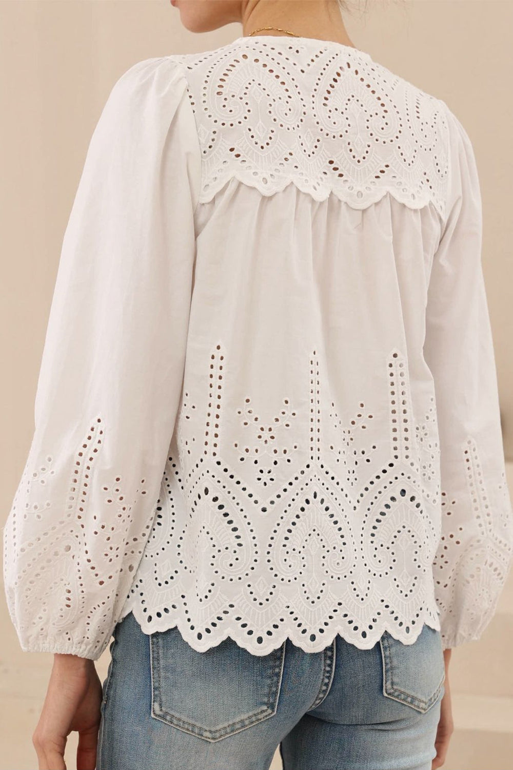 Essie Top - Long Sleeve Cotton Eyelet Detailed Scallop Hem Top in White