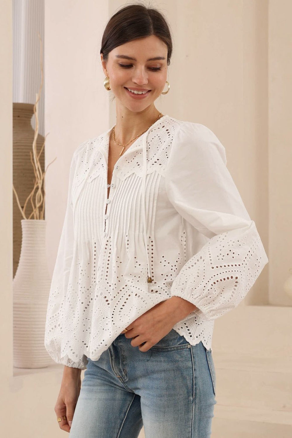 Essie Top - Long Sleeve Cotton Eyelet Detailed Scallop Hem Top in White