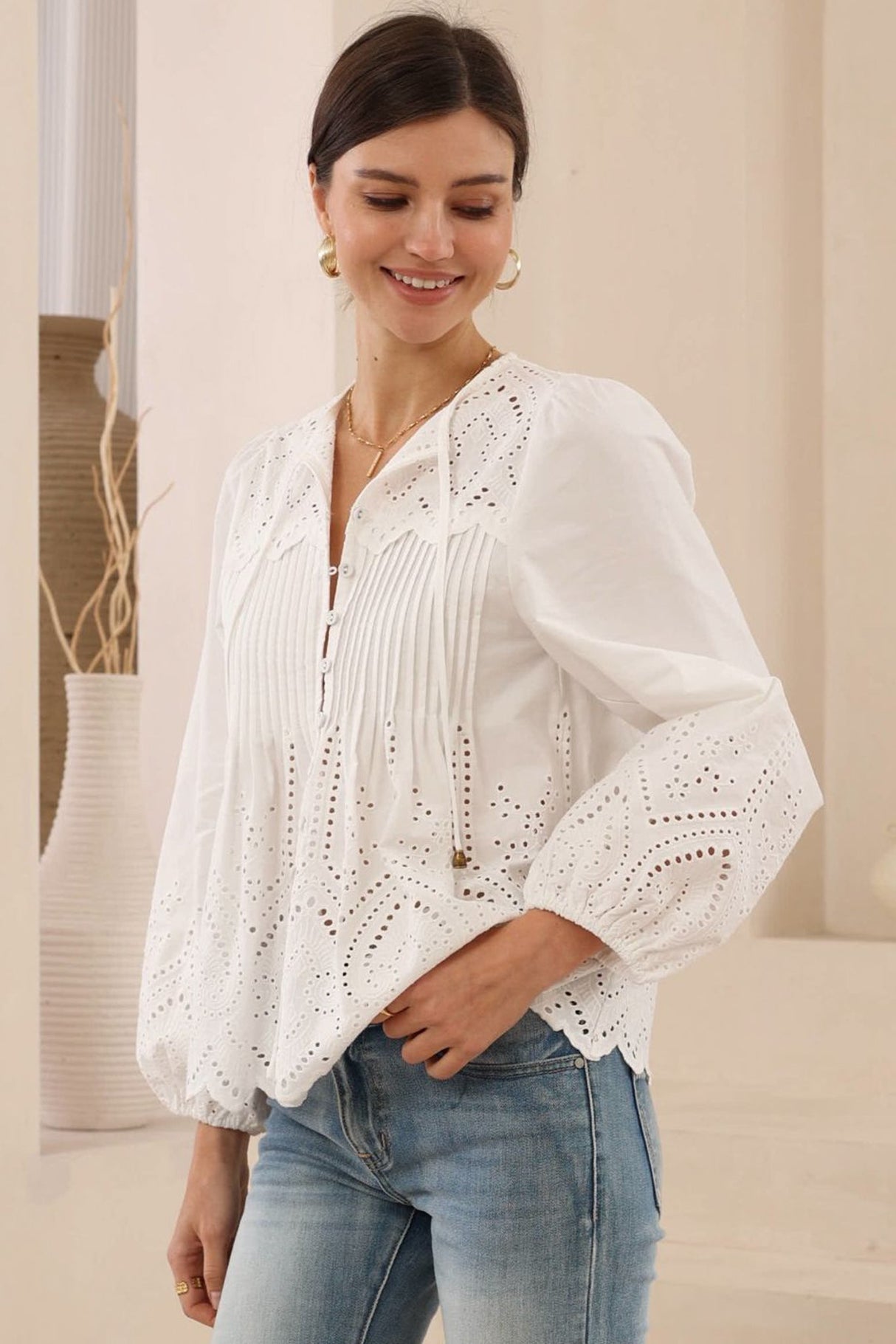 Essie Top - Long Sleeve Cotton Eyelet Detailed Scallop Hem Top in White