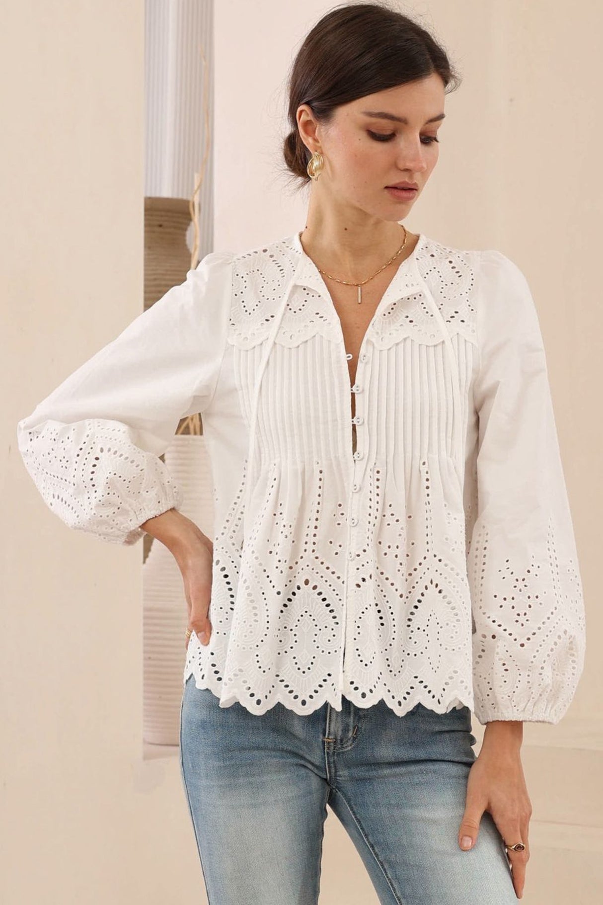 Essie Top - Long Sleeve Cotton Eyelet Detailed Scallop Hem Top in White