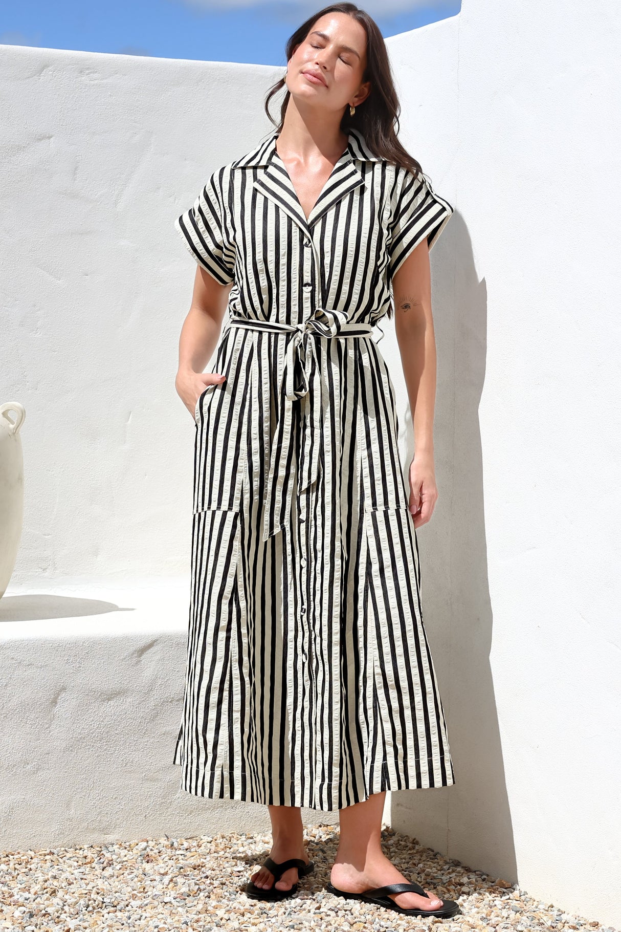 Estee Midi Dress - Collared Shirt Dress with Short Sleeves and Matching Belt in Stripe Black