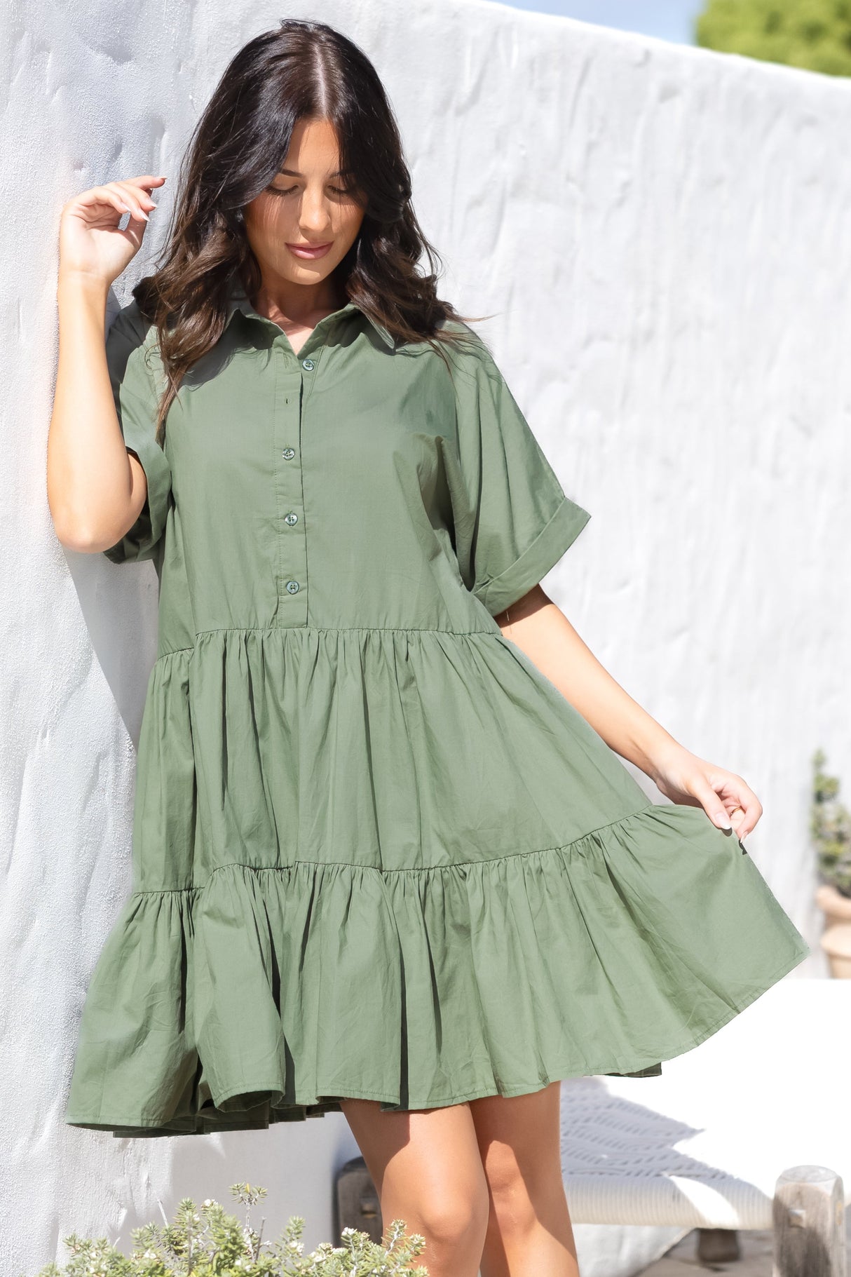 Estelle Mini Dress - Collared Tiered Smock Dress in Khaki