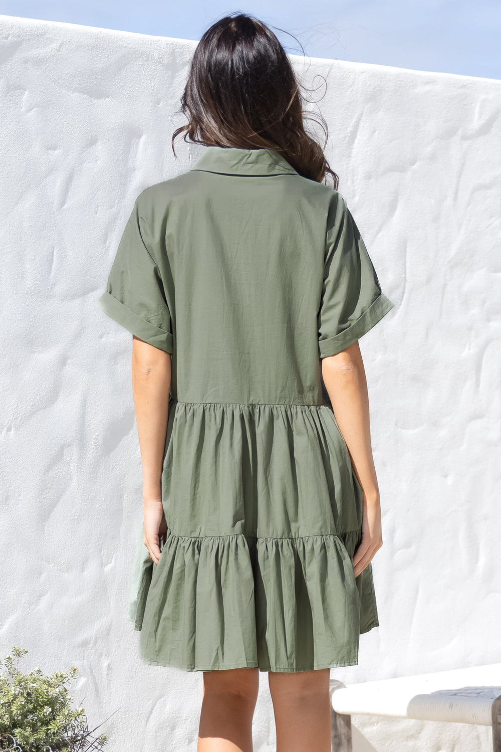 Estelle Mini Dress - Collared Tiered Smock Dress in Khaki