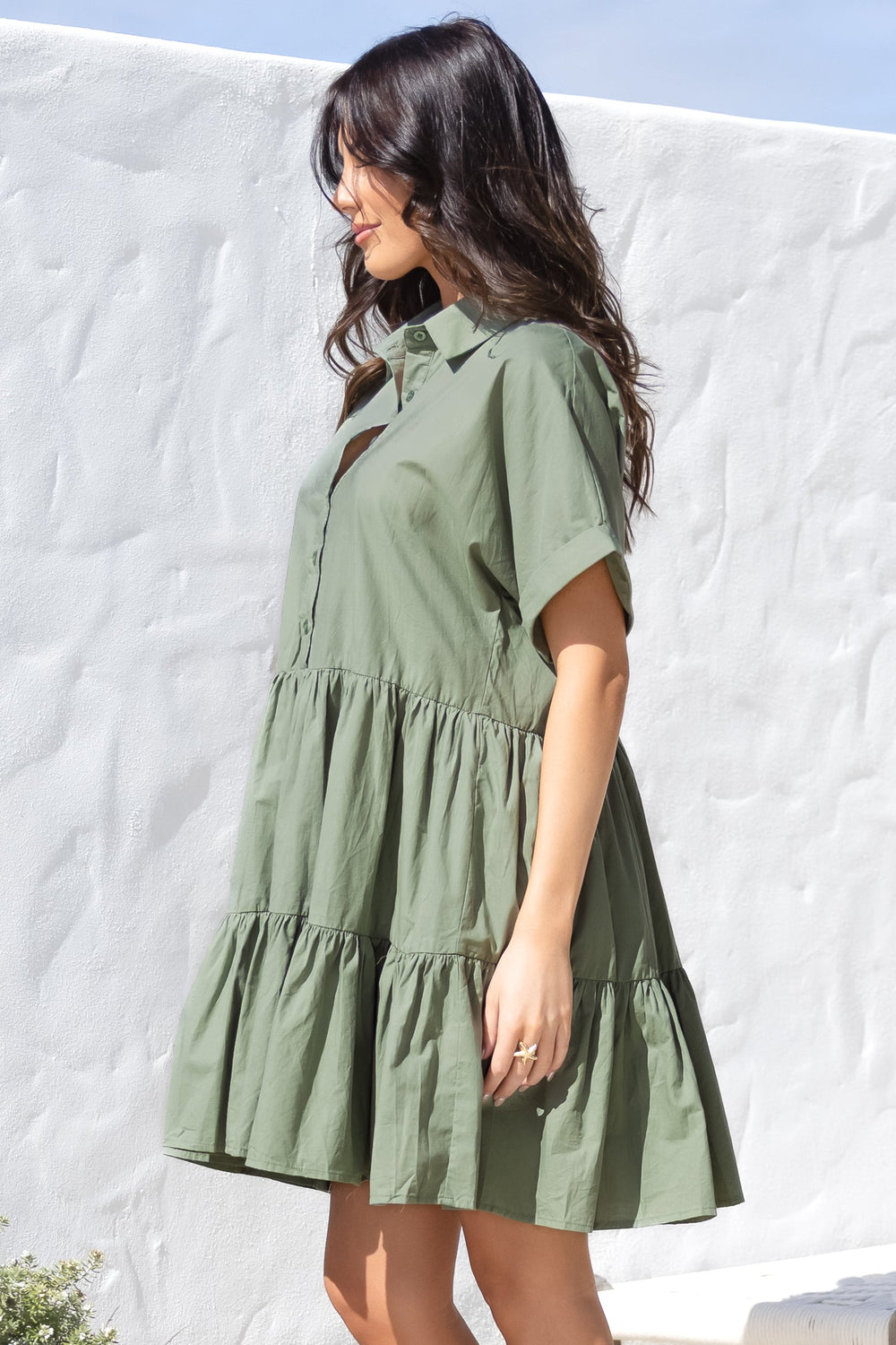Estelle Mini Dress - Collared Tiered Smock Dress in Khaki