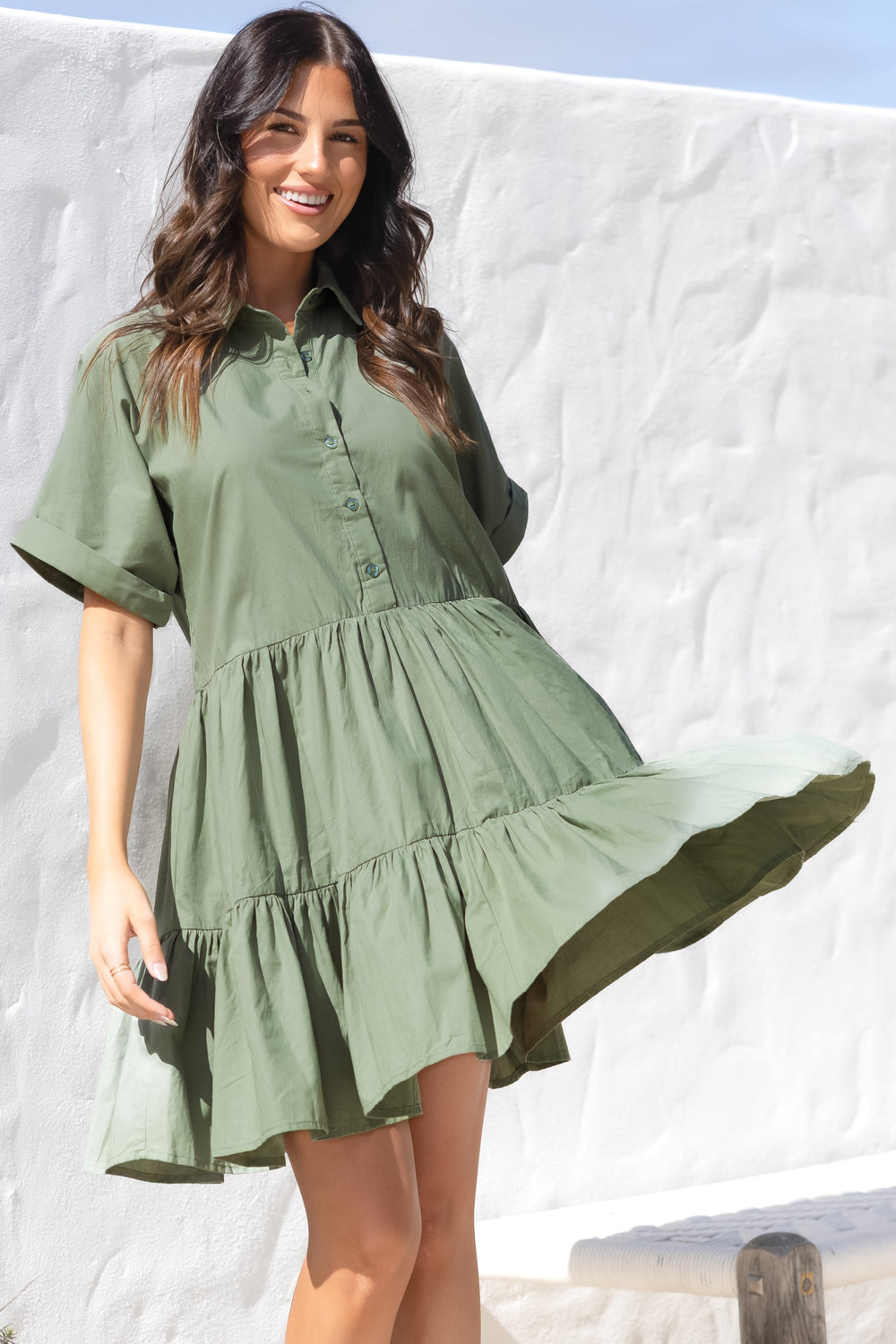 Estelle Mini Dress - Collared Tiered Smock Dress in Khaki