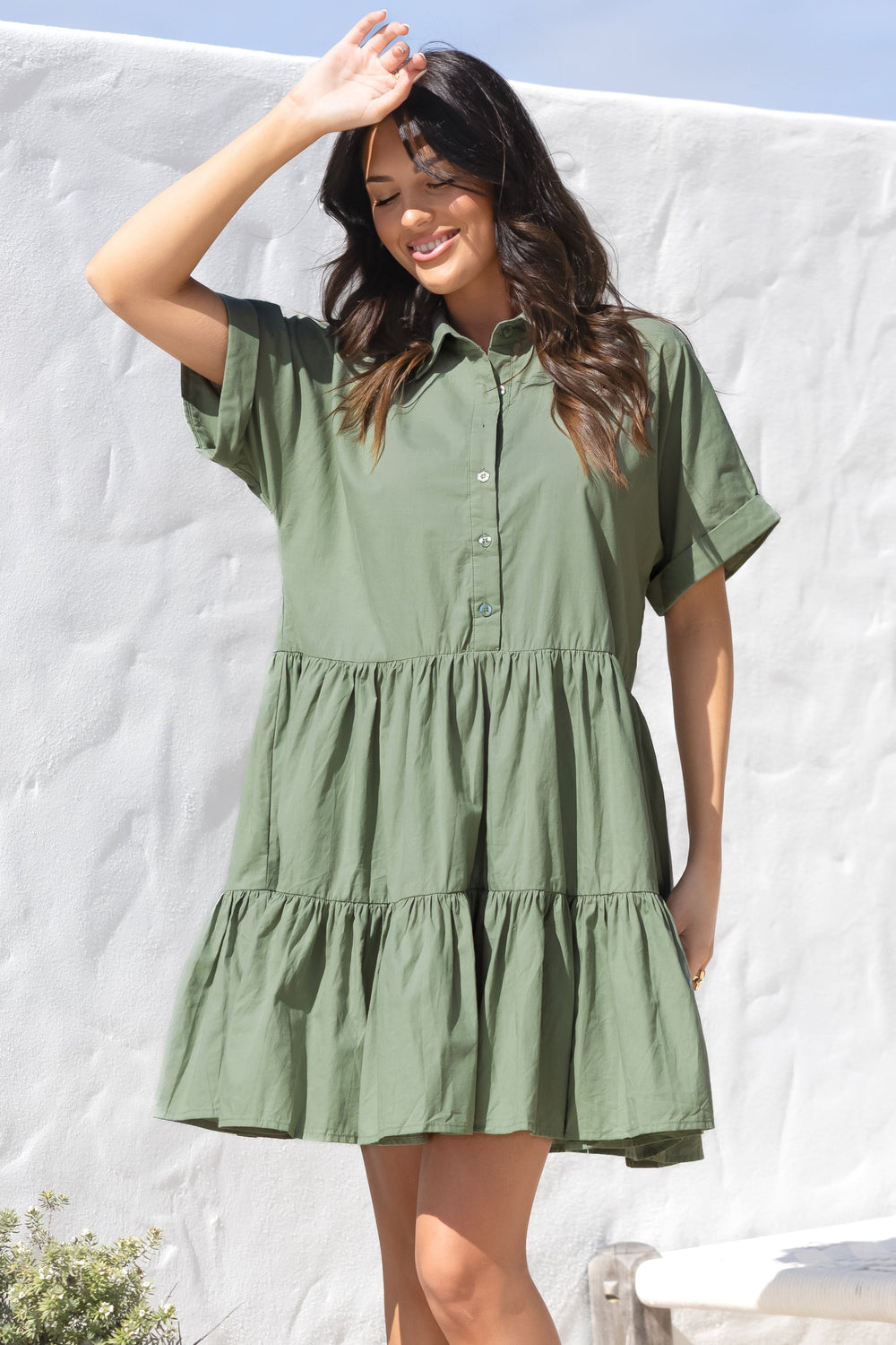 Estelle Mini Dress - Collared Tiered Smock Dress in Khaki