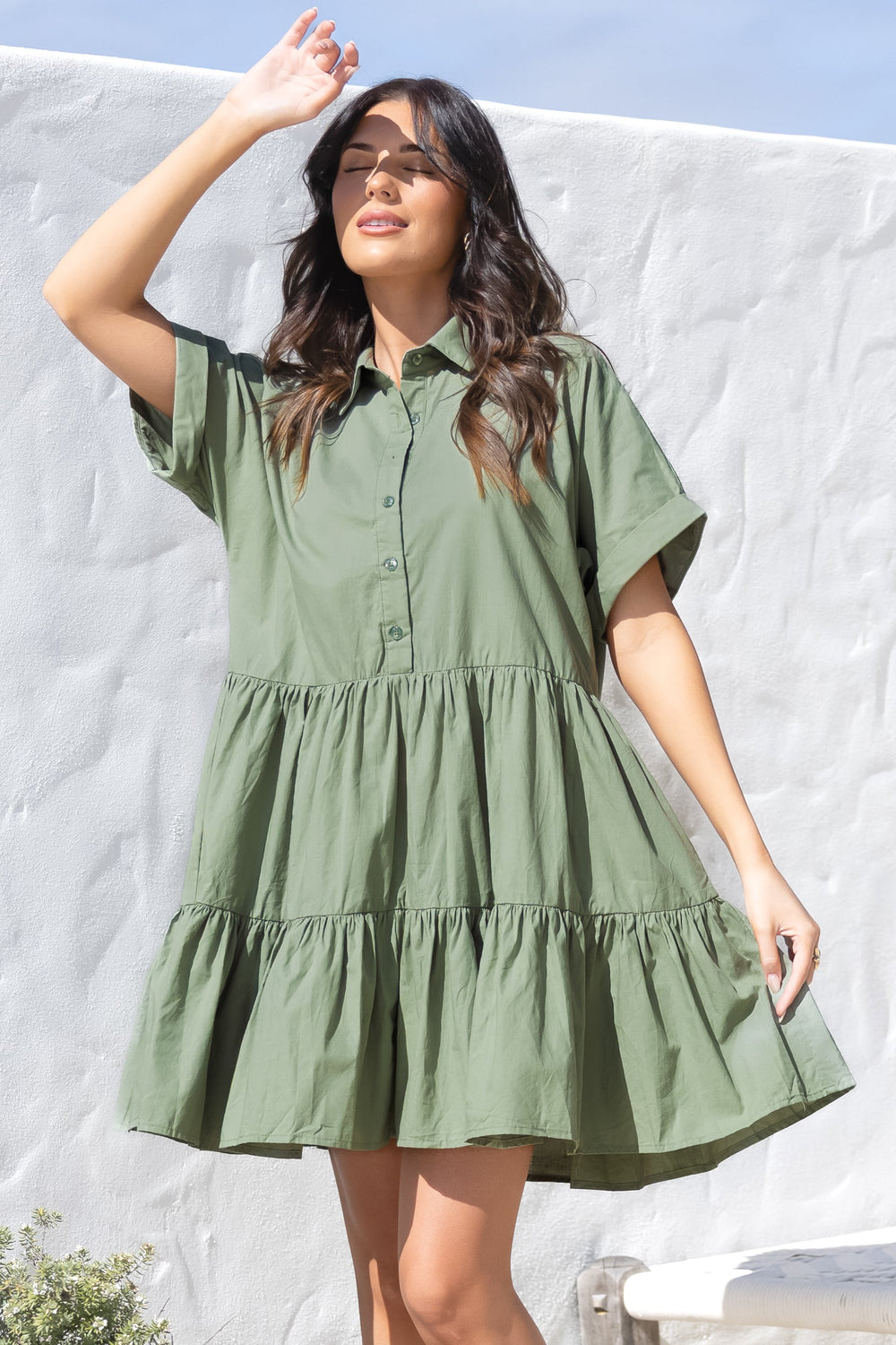 Estelle Mini Dress - Collared Tiered Smock Dress in Khaki