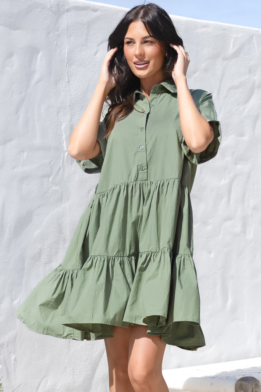 Estelle Mini Dress - Collared Tiered Smock Dress in Khaki