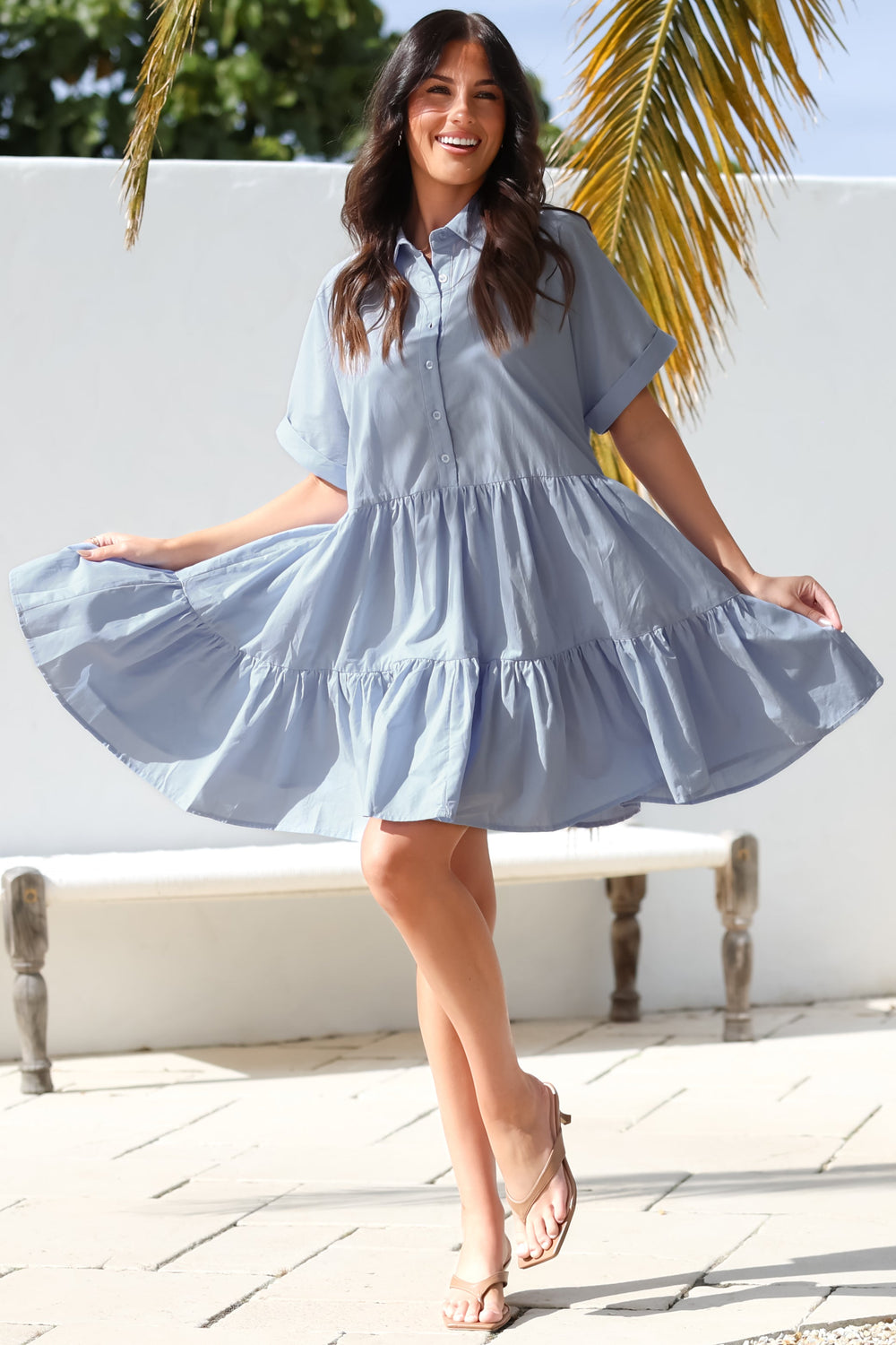 Estelle Mini Dress - Collared Tiered Smock Dress in Light Blue