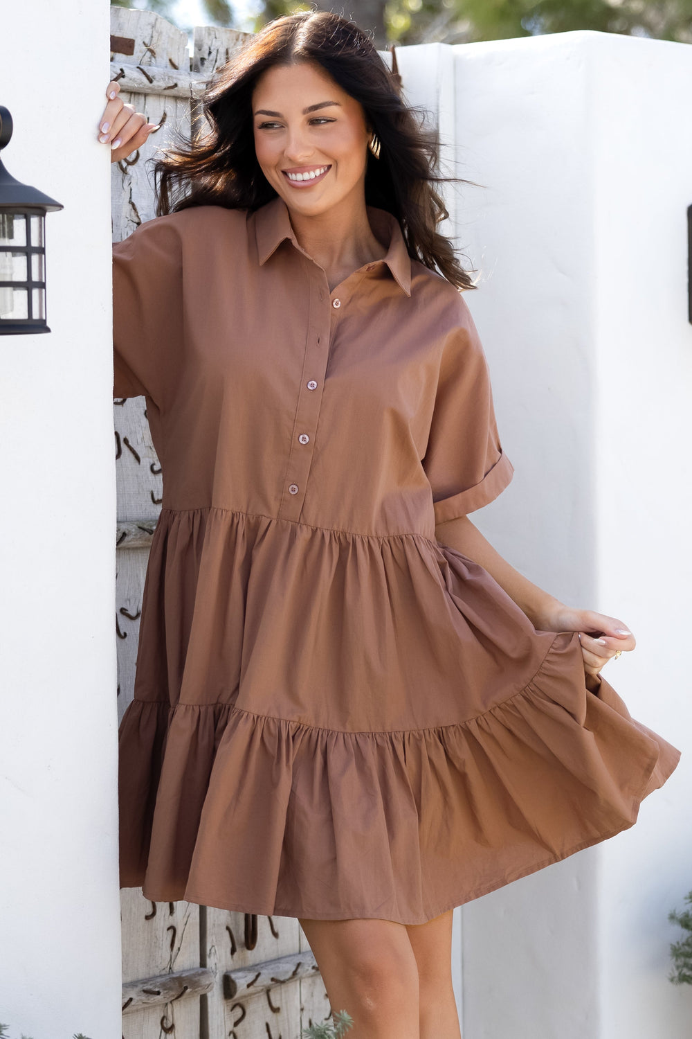Estelle Mini Dress - Collared Tiered Smock Dress in Tan