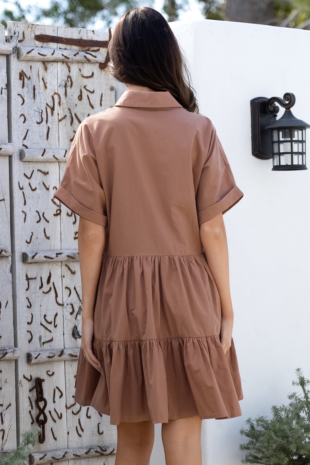 Estelle Mini Dress - Collared Tiered Smock Dress in Tan