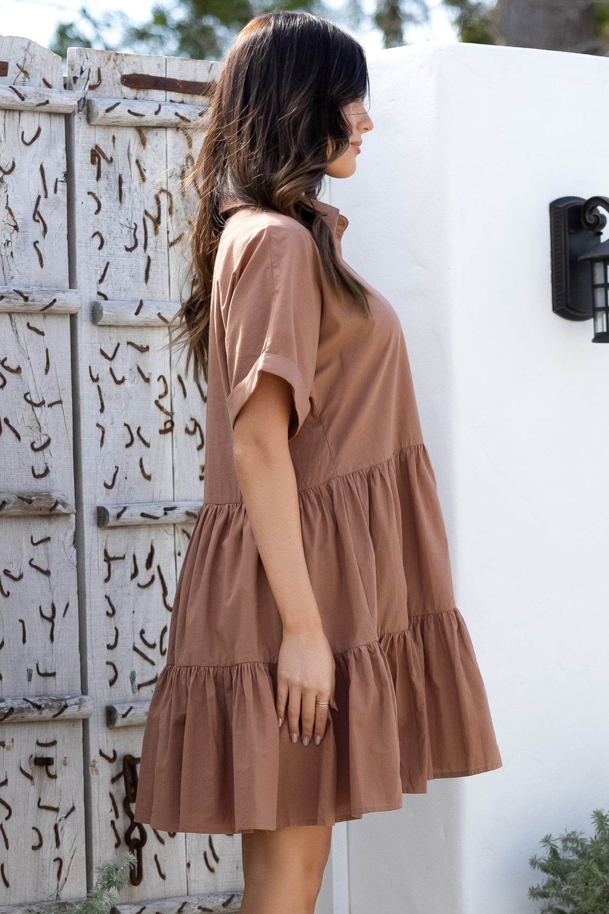 Estelle Mini Dress - Collared Tiered Smock Dress in Tan