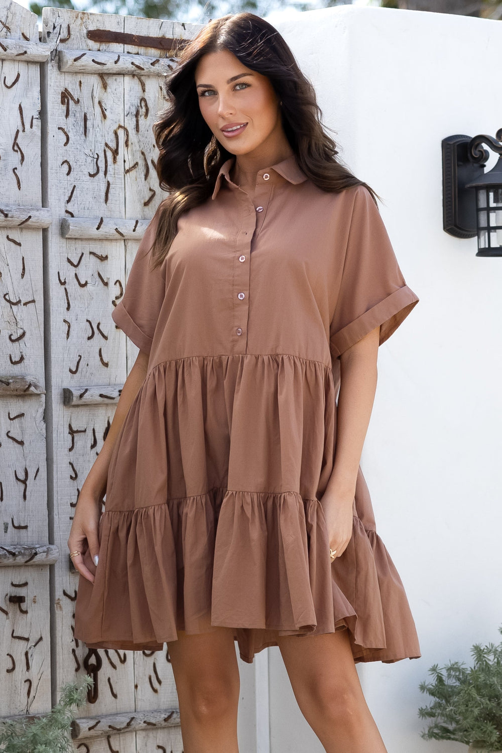 Estelle Mini Dress - Collared Tiered Smock Dress in Tan