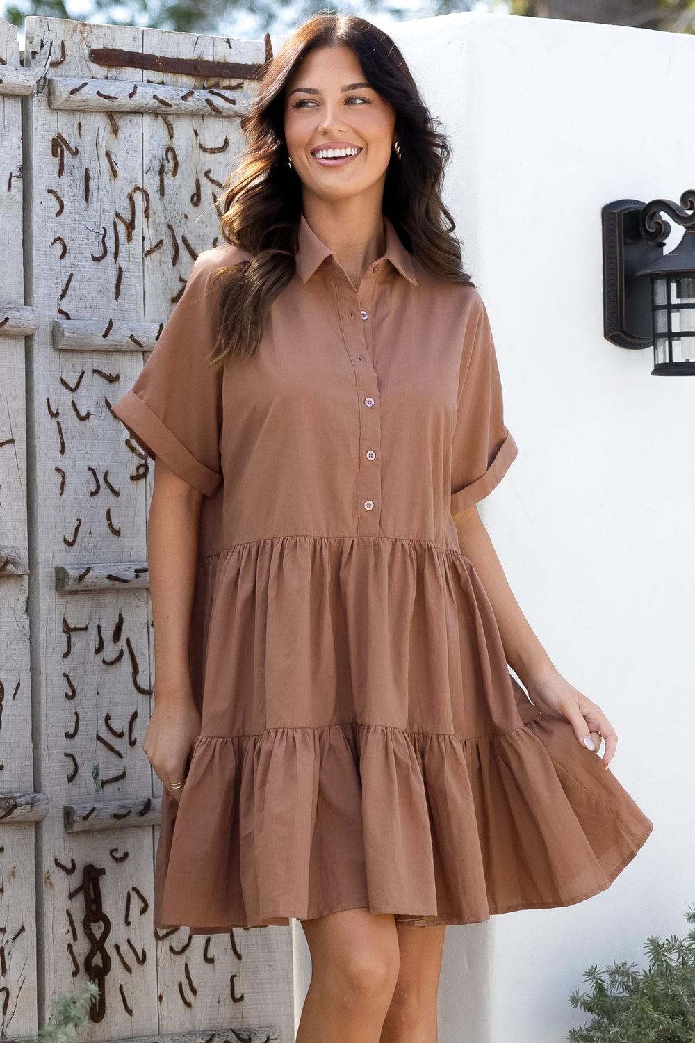 Estelle Mini Dress - Collared Tiered Smock Dress in Tan
