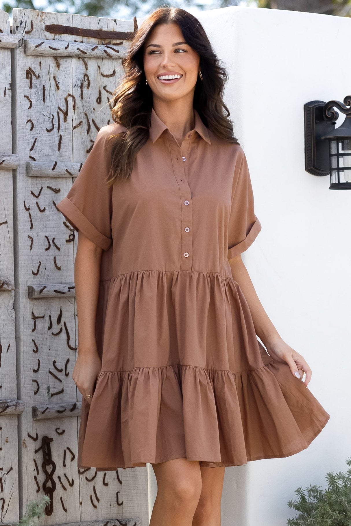 Estelle Mini Dress - Collared Tiered Smock Dress in Tan