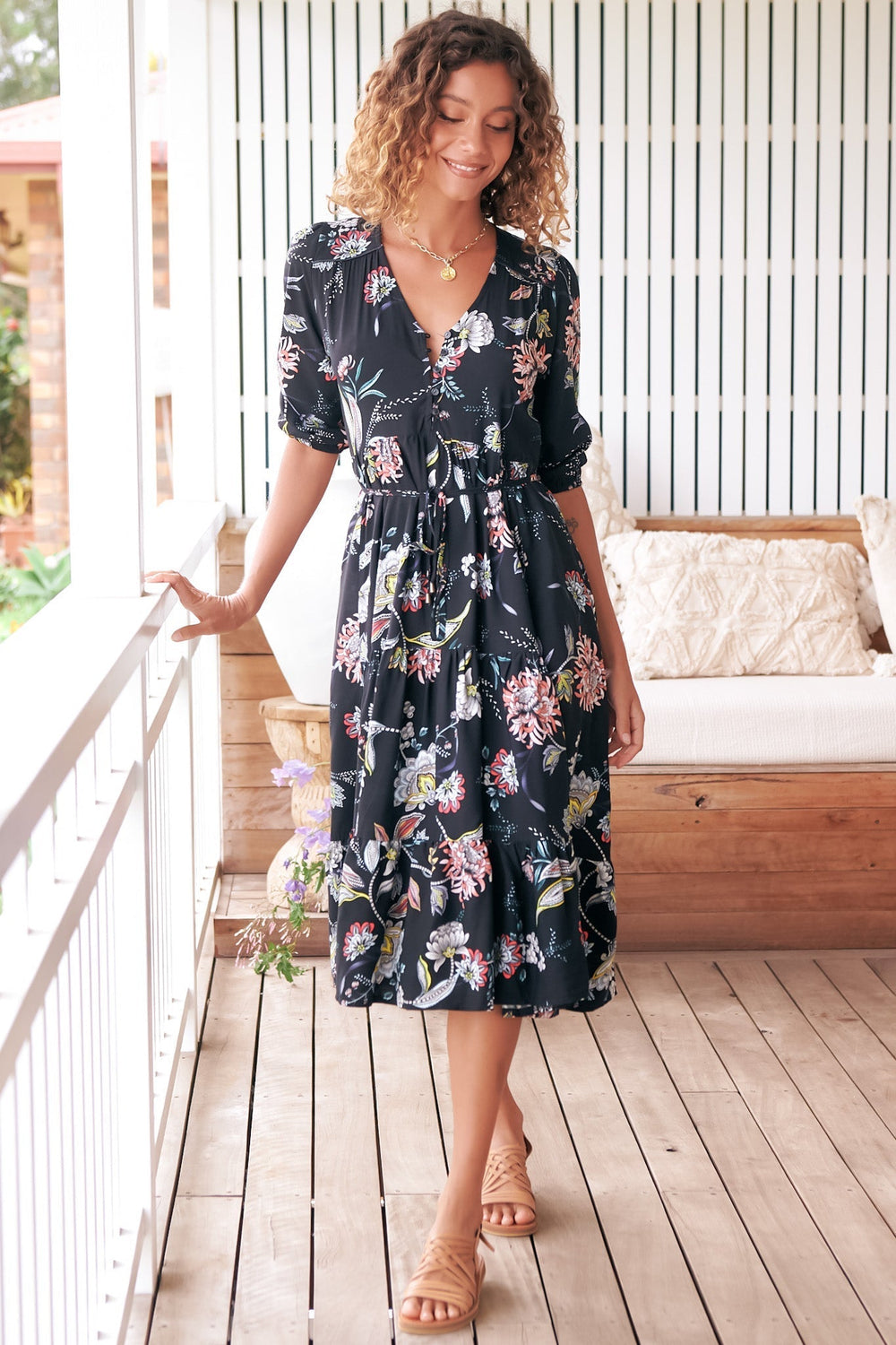 JAASE - Eve Midi Dress: V Neck Tiered Dress with Option Waist Tie in Under The Stars Print