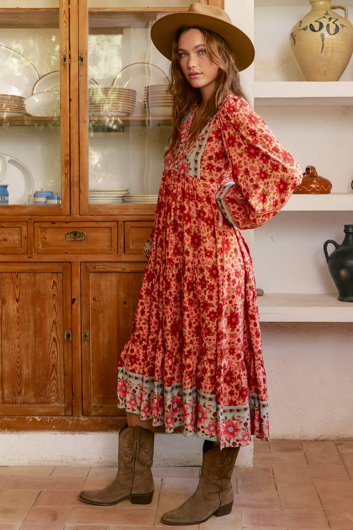 JAASE - Eve Midi Dress: V Neck Long Sleeve Tiered Dress with Option Waist Tie in Lillianna Print