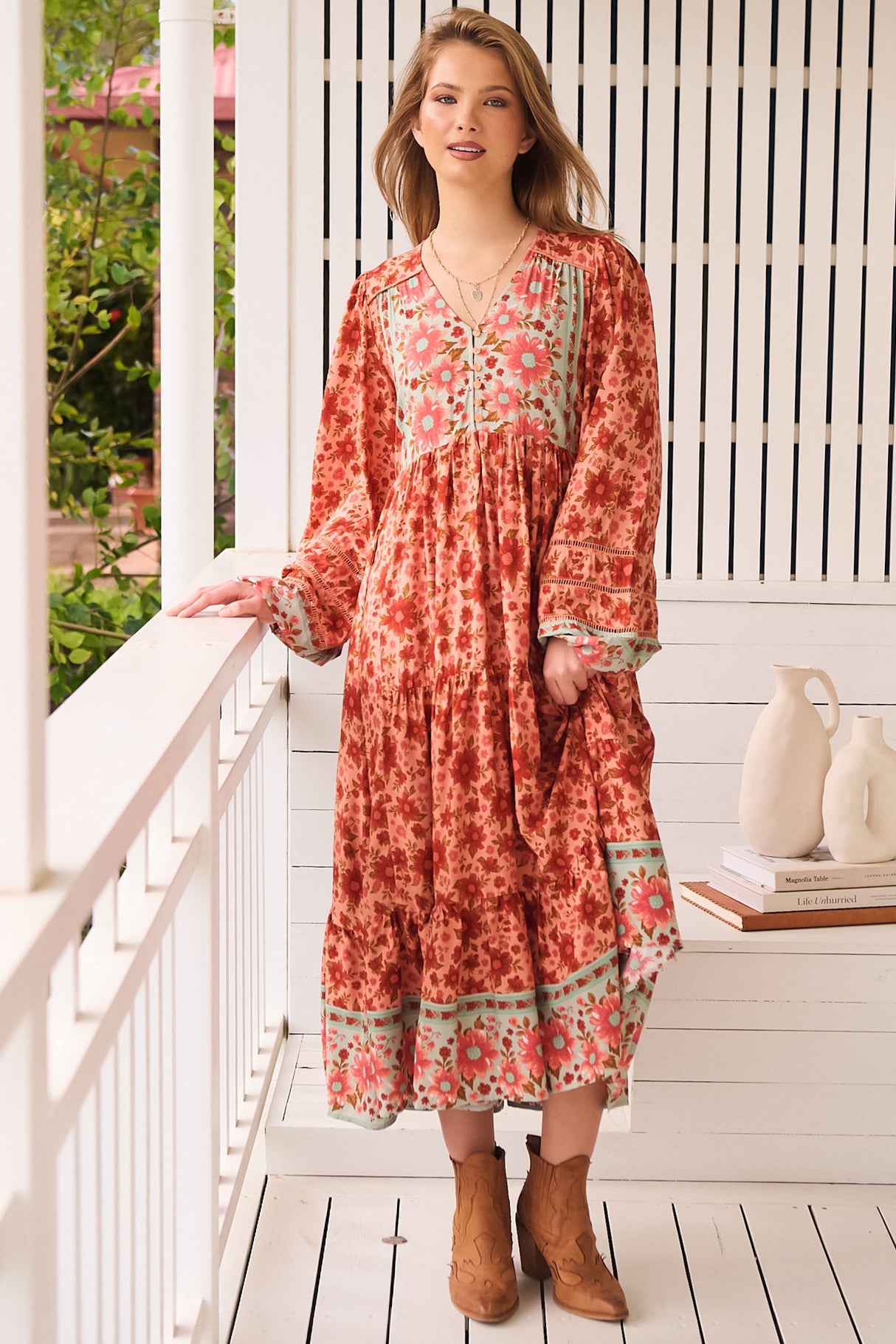 JAASE - Eve Midi Dress: V Neck Long Sleeve Tiered Dress with Option Waist Tie in Lillianna Print