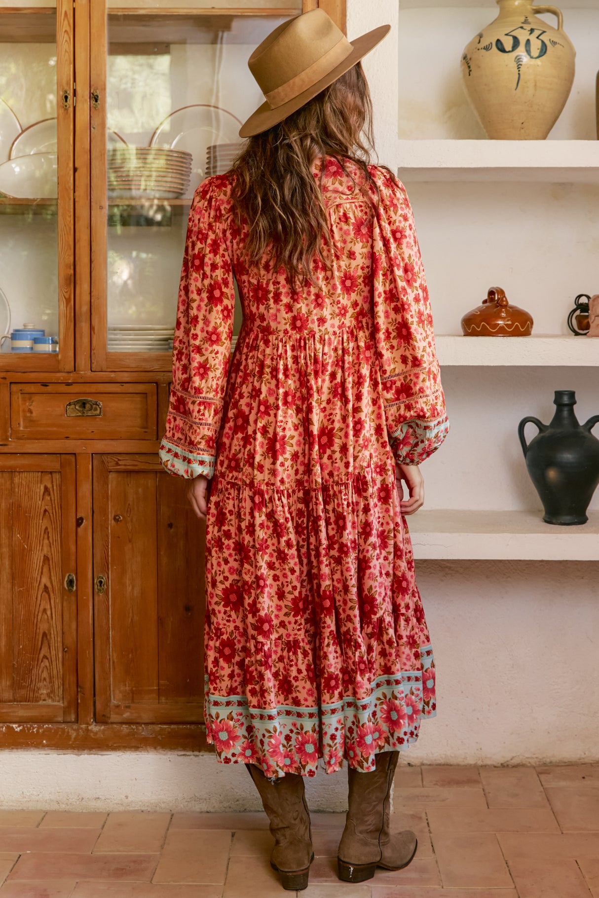 JAASE - Eve Midi Dress: V Neck Long Sleeve Tiered Dress with Option Waist Tie in Lillianna Print