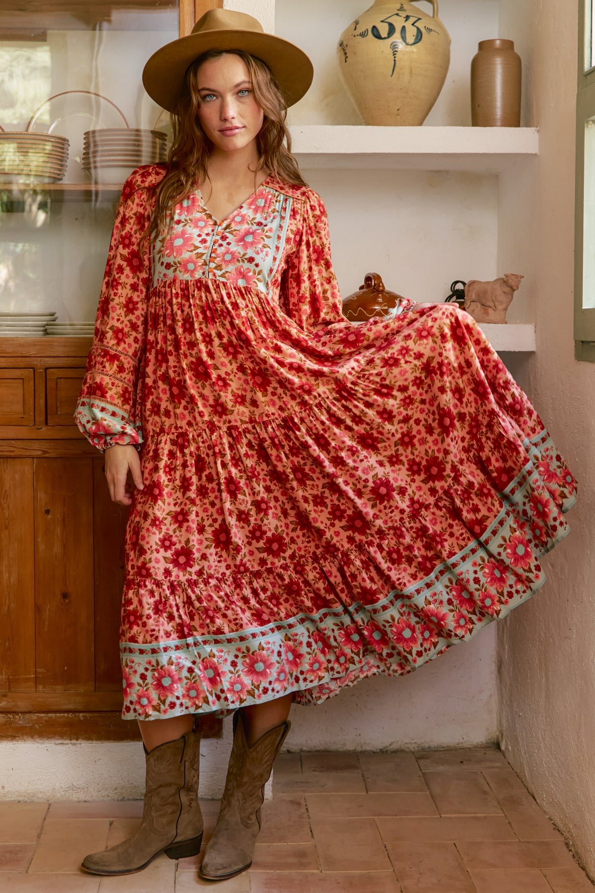 JAASE - Eve Midi Dress: V Neck Long Sleeve Tiered Dress with Option Waist Tie in Lillianna Print