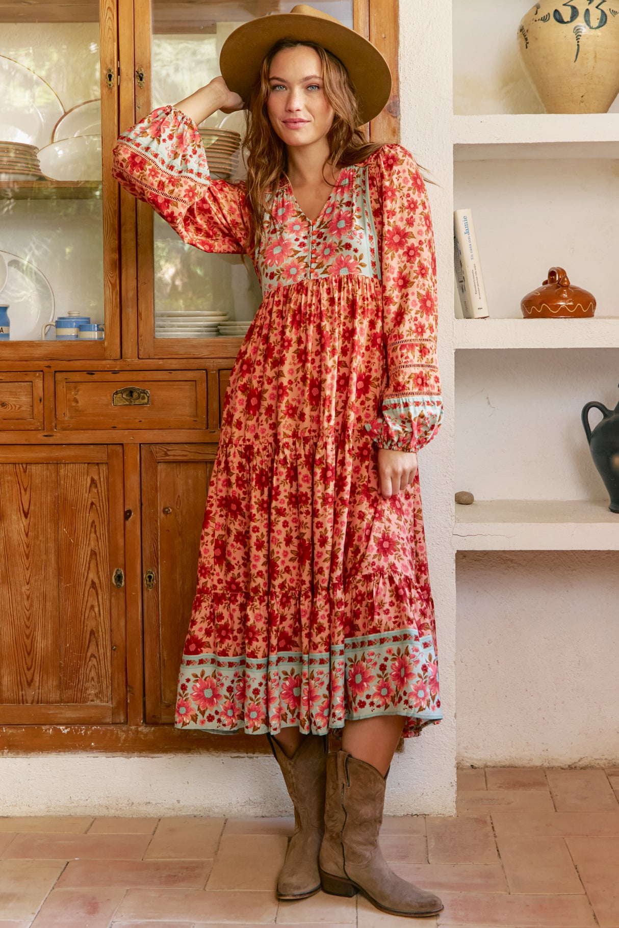 JAASE - Eve Midi Dress: V Neck Long Sleeve Tiered Dress with Option Waist Tie in Lillianna Print