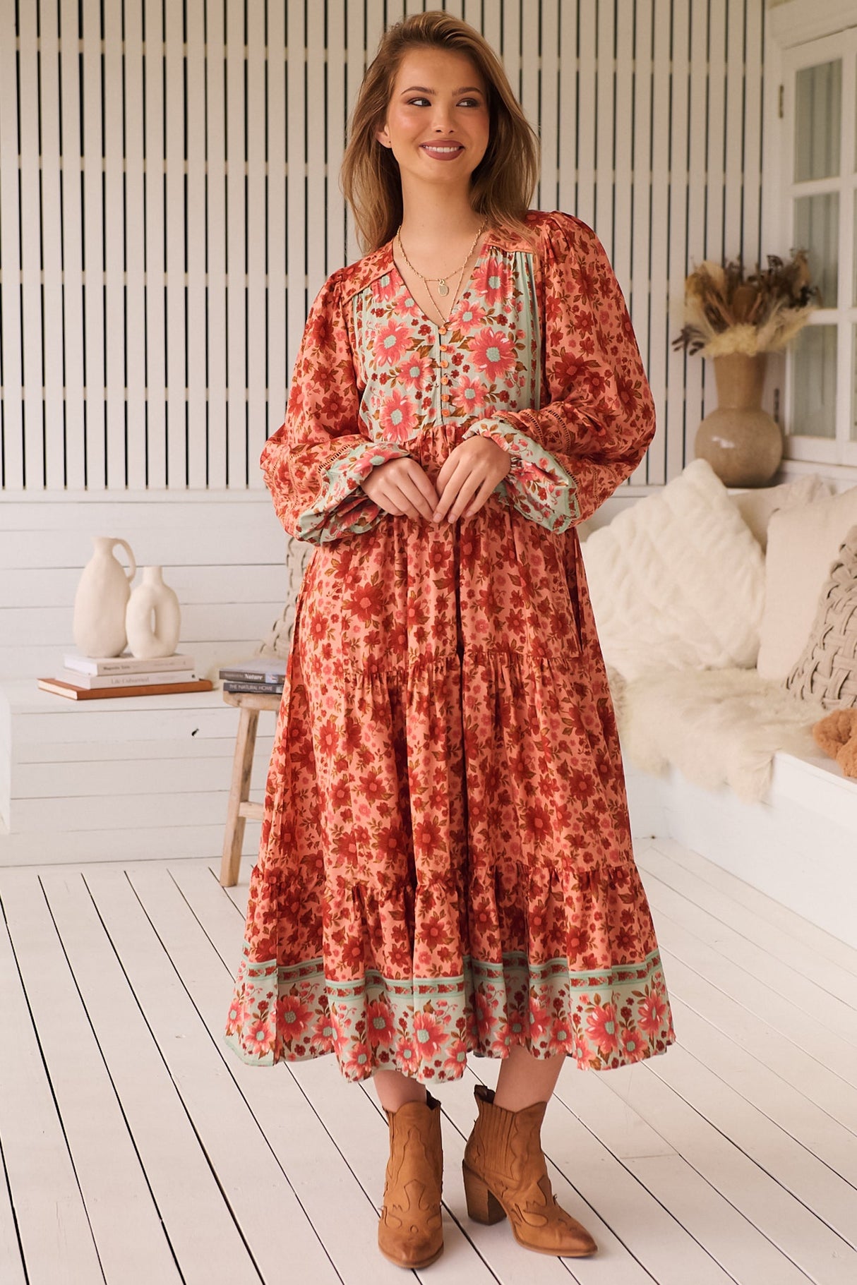 JAASE - Eve Midi Dress: V Neck Long Sleeve Tiered Dress with Option Waist Tie in Lillianna Print