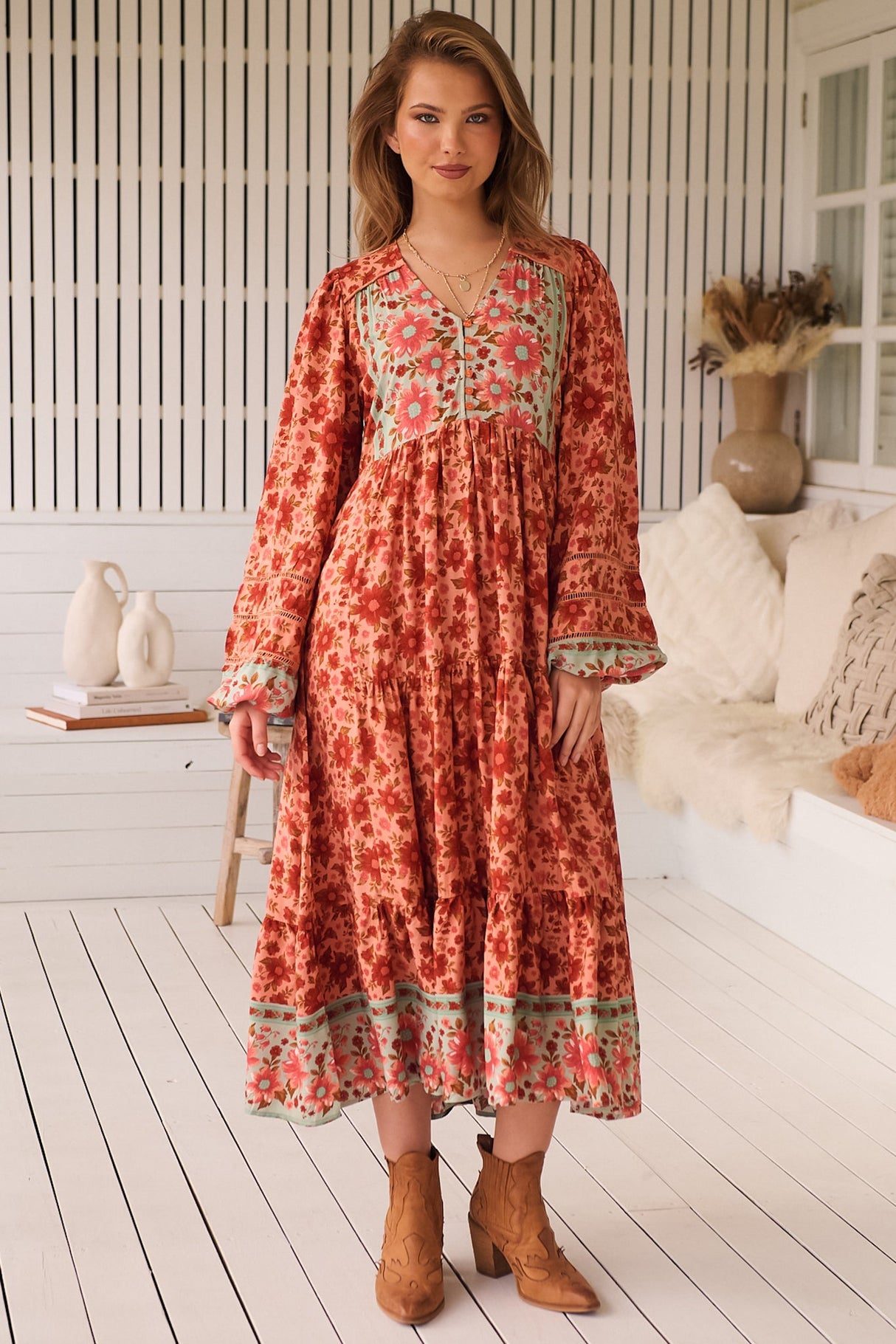 JAASE - Eve Midi Dress: V Neck Long Sleeve Tiered Dress with Option Waist Tie in Lillianna Print