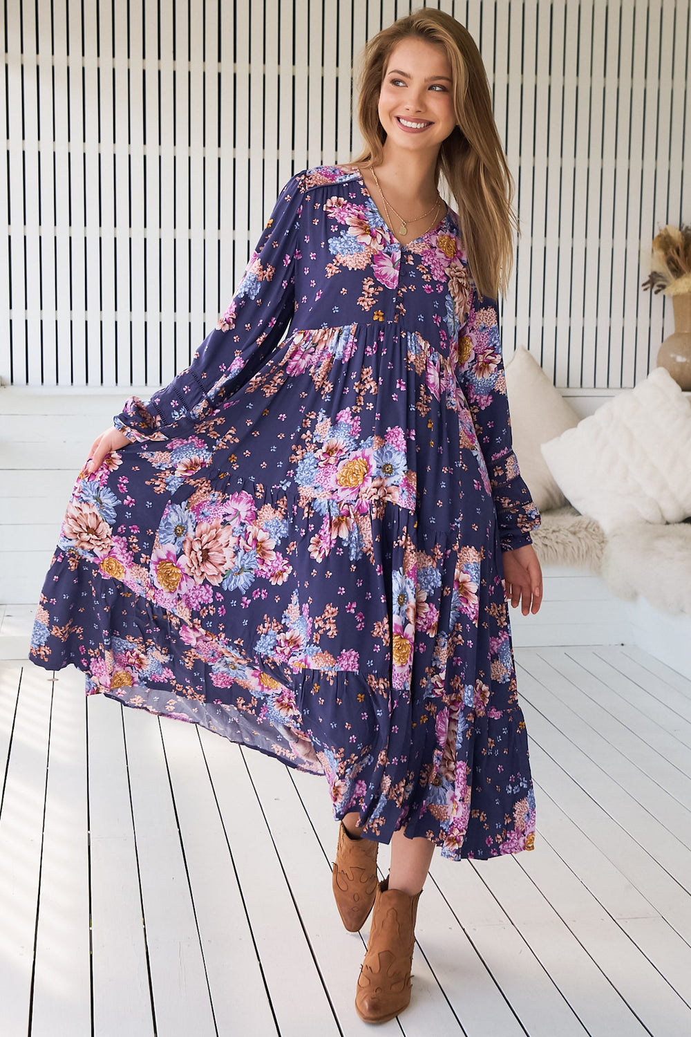 JAASE - Eve Midi Dress: V Neck Long Sleeve Tiered Dress with Option Waist Tie in Wild Whim Print