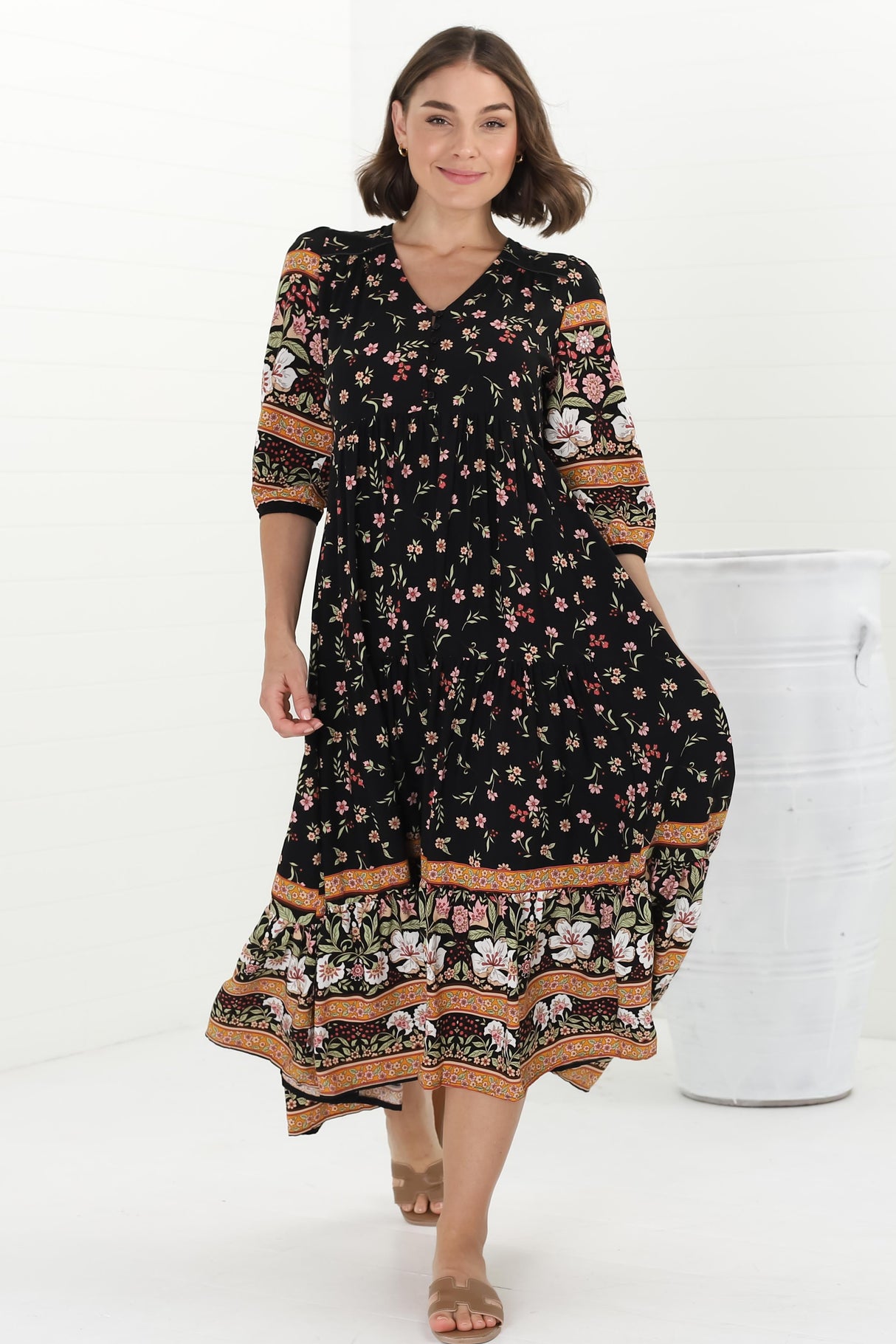 JAASE - Eve Midi Dress: V Neck Tiered Dress with Option Waist Tie in Eternity Print