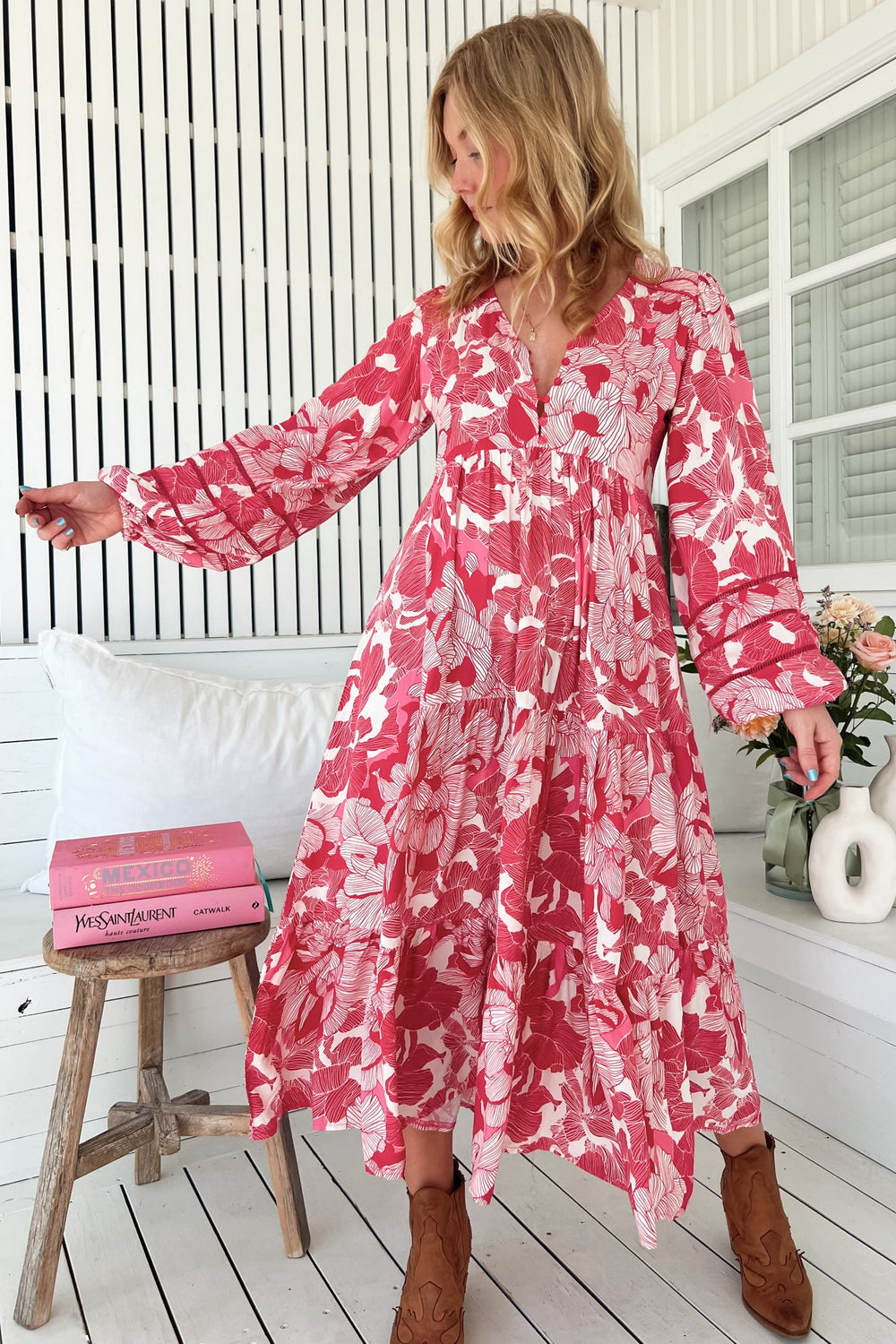 Eve Midi Dress - V Neck Long Sleeve Tiered Dress with Option Waist Tie in Soulina Print