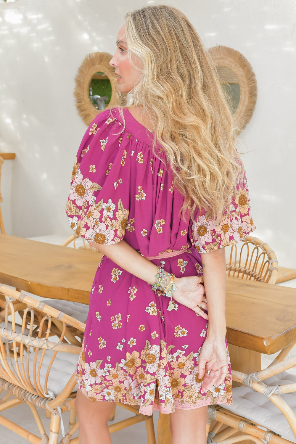 JAASE - Evelyn Mini Dress: Scoop Neck Smock Dress with Pockets and Waist Tie in Bee Orchid Print