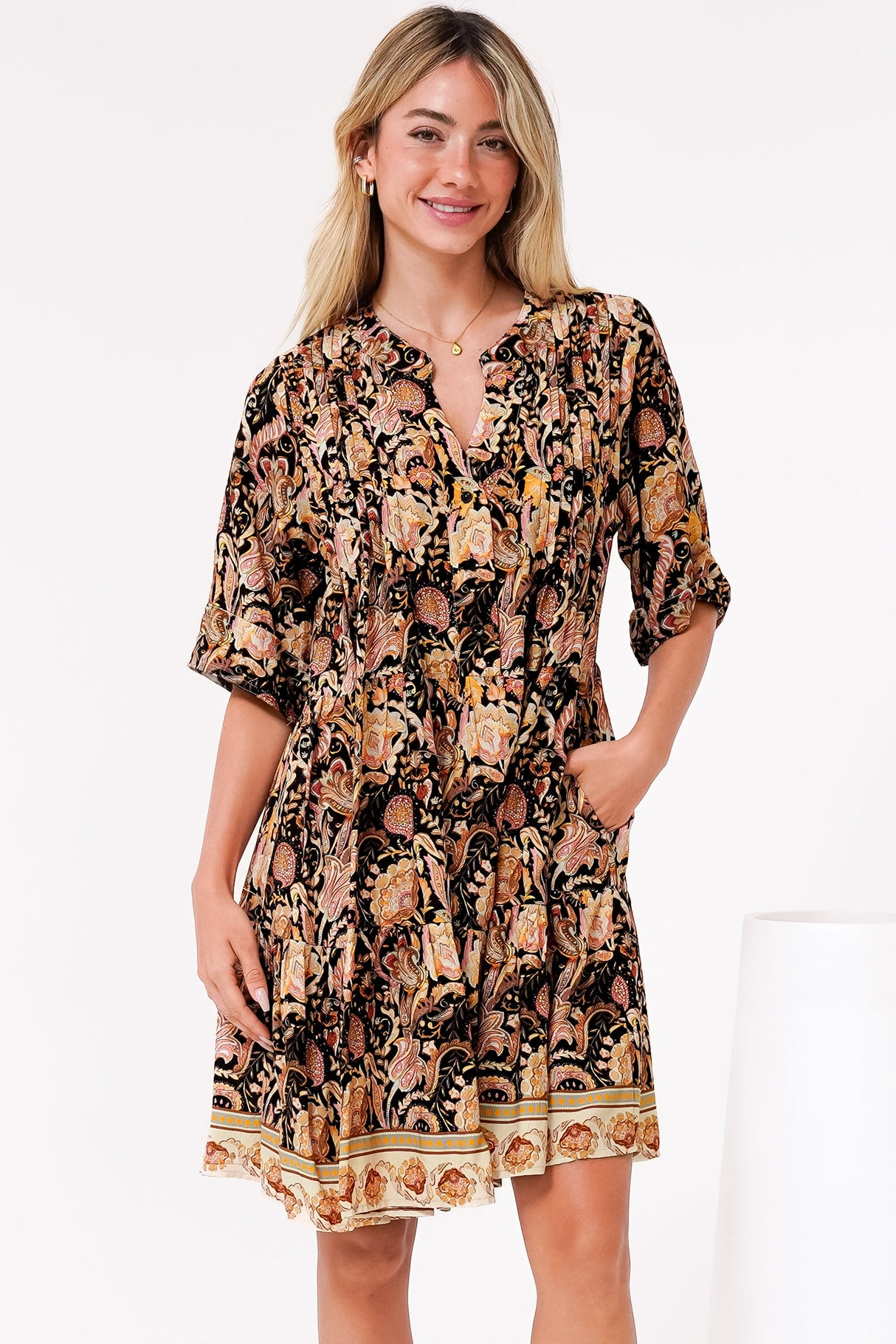 Evie Mini Dress - 3/4 Sleeve Tiered Smock Dress in Pree Print Black