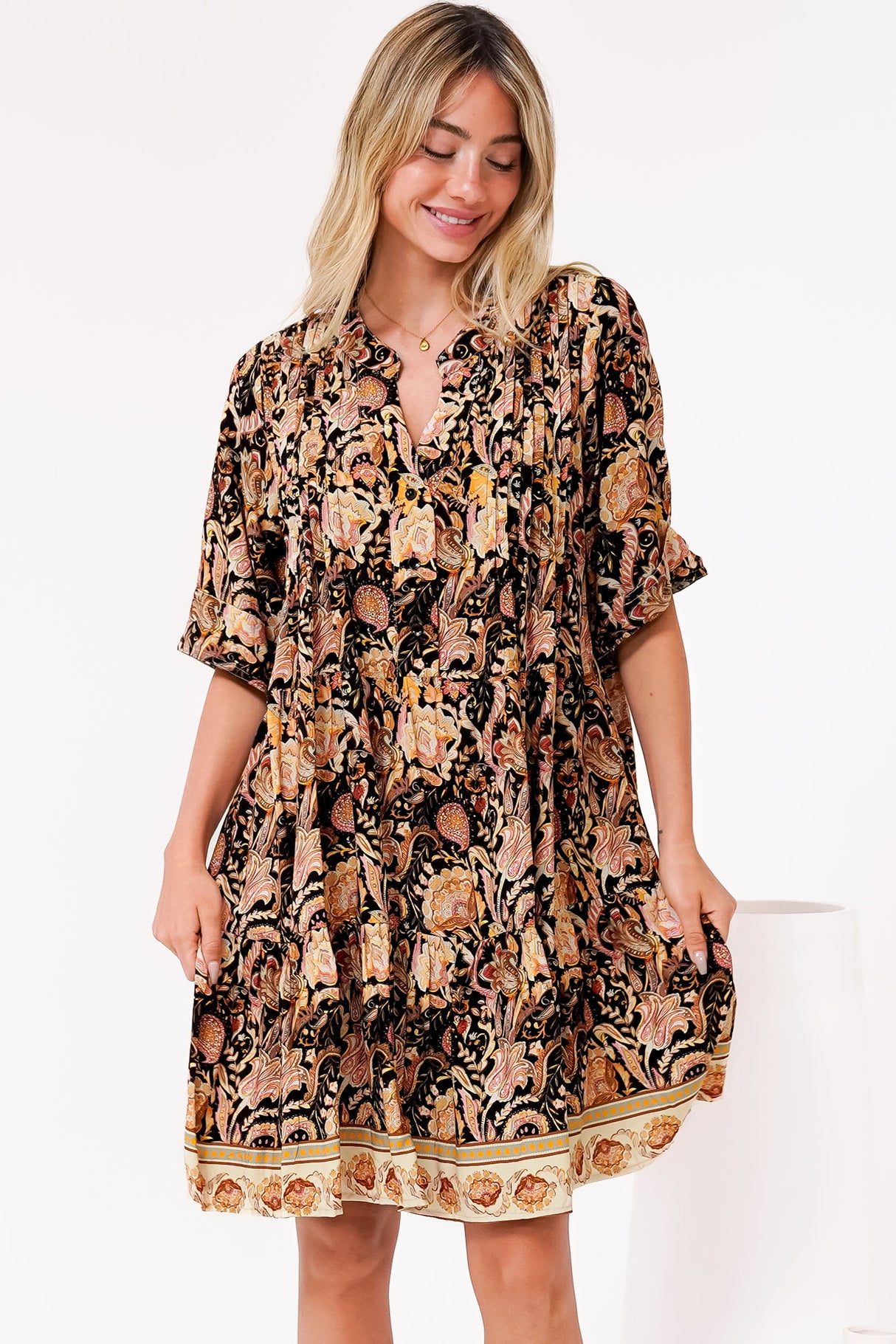 Evie Mini Dress - 3/4 Sleeve Tiered Smock Dress in Pree Print Black