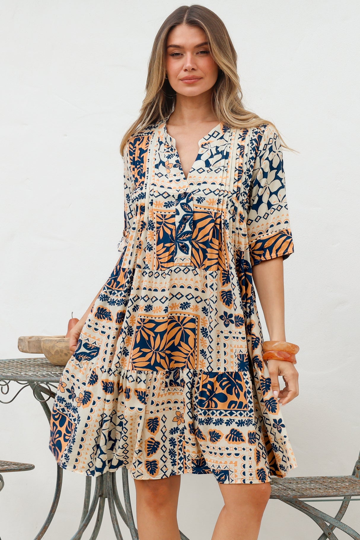 Evie Mini Dress - 3/4 Sleeve Tiered Smock Dress in Alphy Print