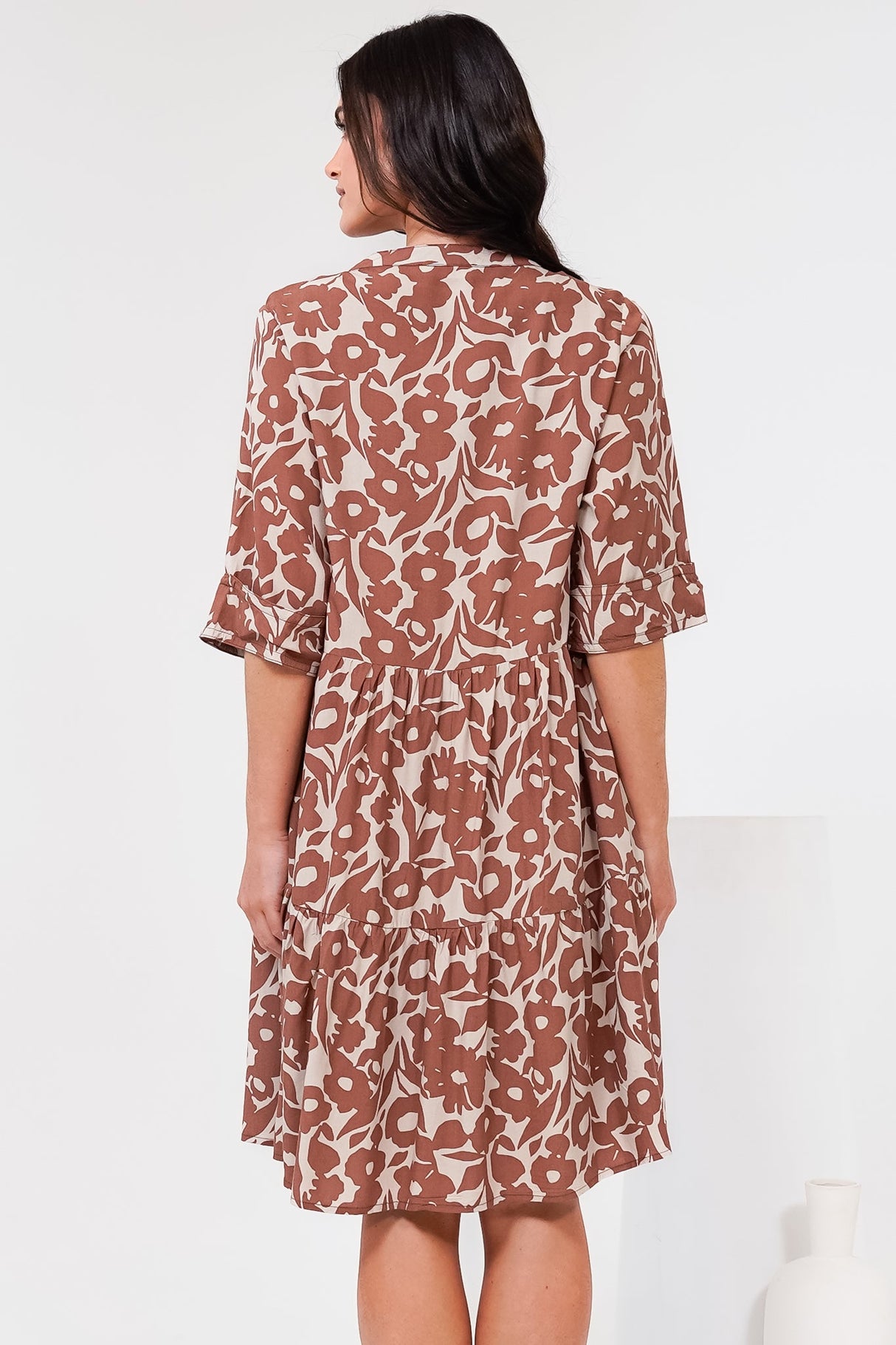 Evie Mini Dress - 3/4 Sleeve Tiered Smock Dress in Emma-Jade Print Brown