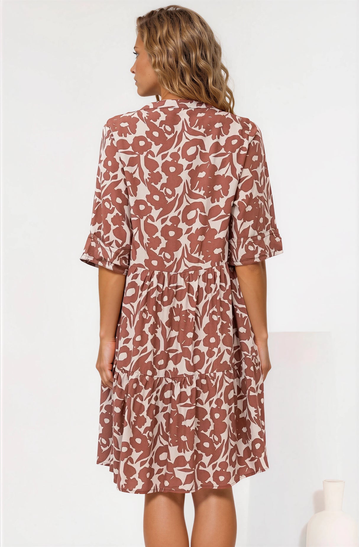 Evie Mini Dress - 3/4 Sleeve Tiered Smock Dress in Emma-Jade Print Brown