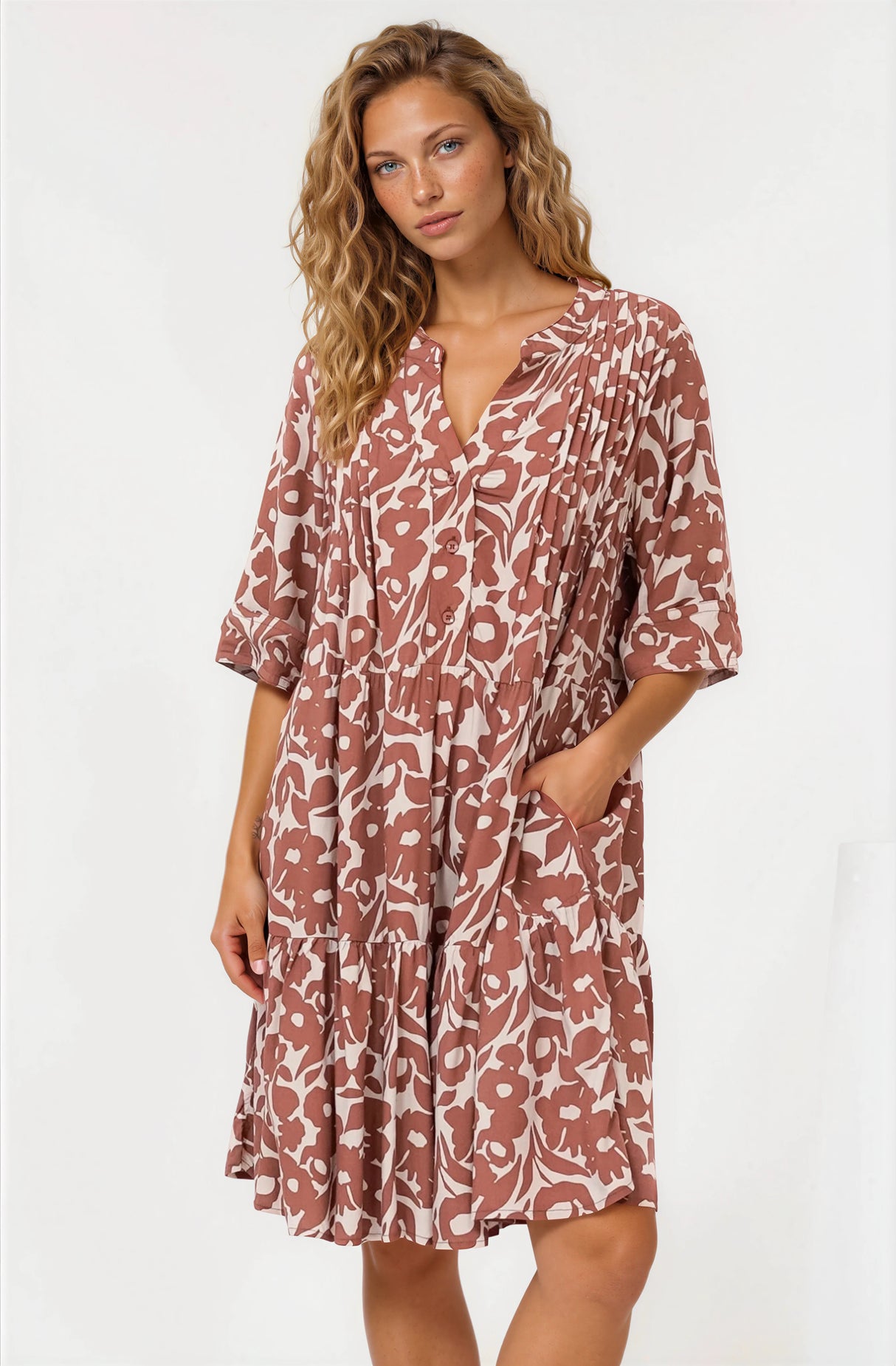 Evie Mini Dress - 3/4 Sleeve Tiered Smock Dress in Emma-Jade Print Brown