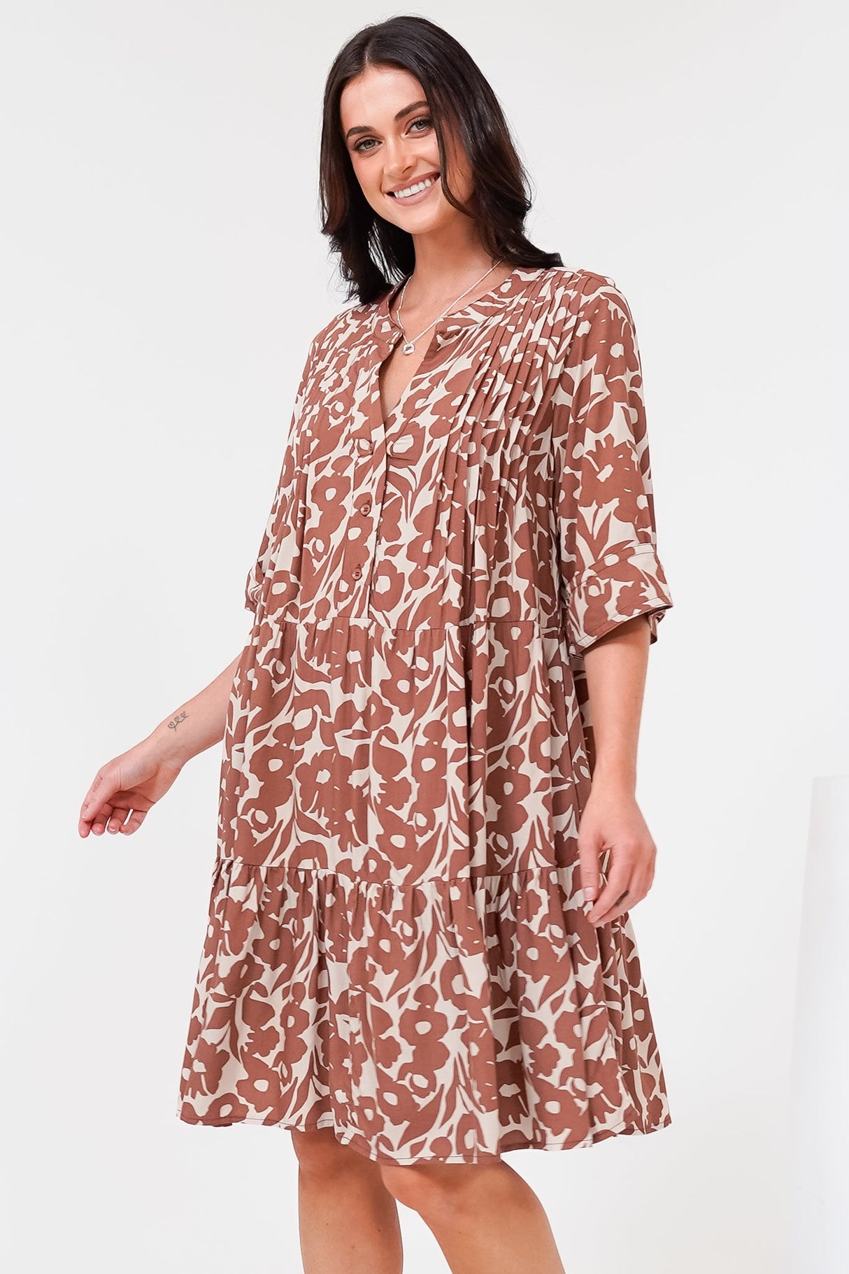 Evie Mini Dress - 3/4 Sleeve Tiered Smock Dress in Emma-Jade Print Brown