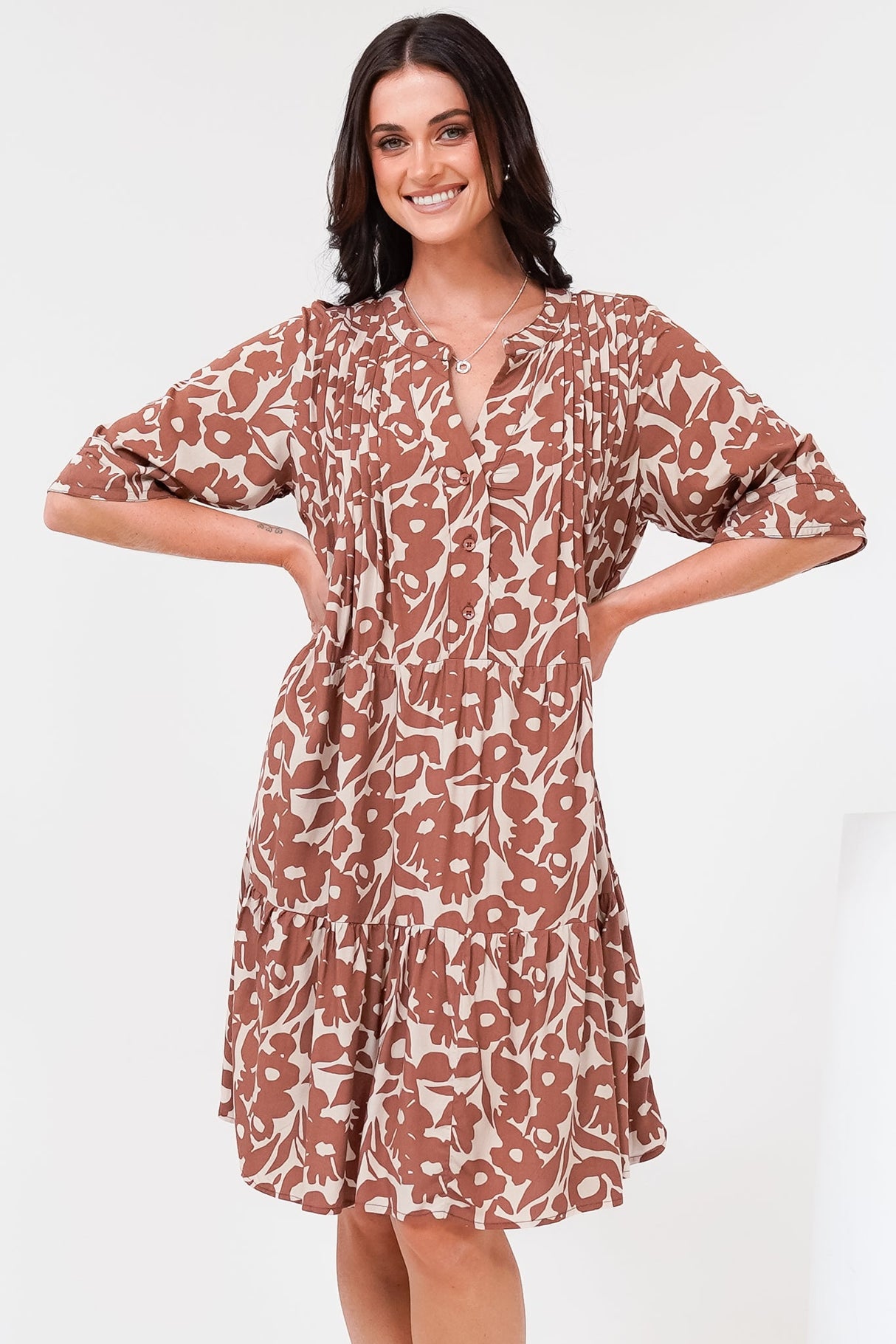 Evie Mini Dress - 3/4 Sleeve Tiered Smock Dress in Emma-Jade Print Brown