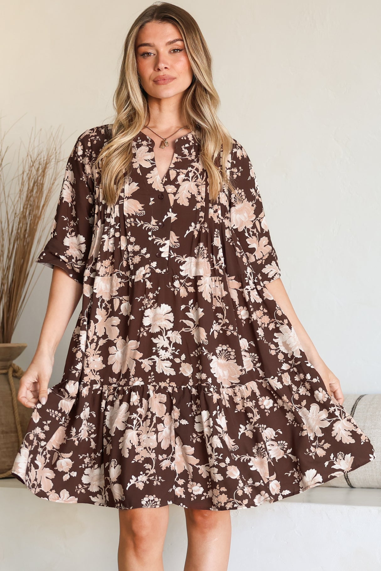 Evie Mini Dress - 3/4 Sleeve Tiered Smock Dress in Hollis Print Brown