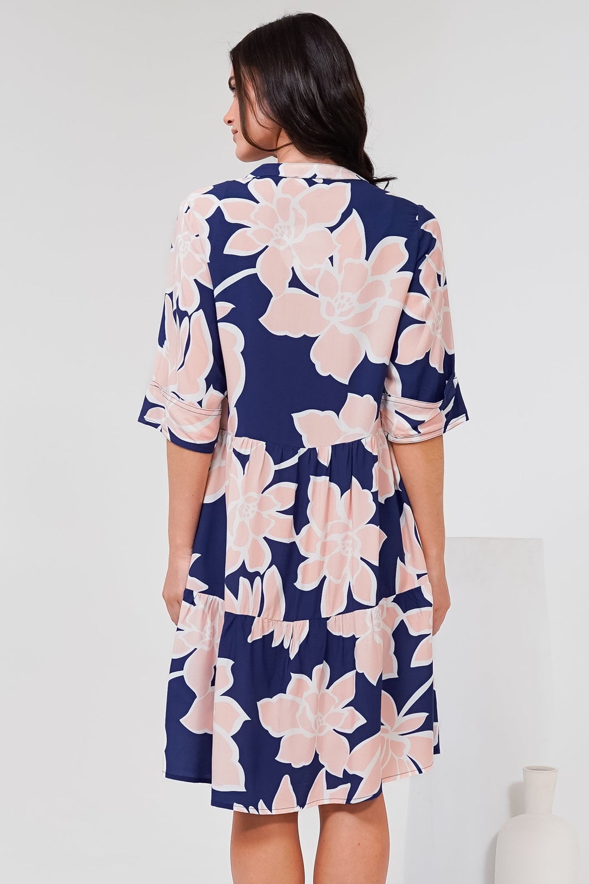 Evie Mini Dress - 3/4 Sleeve Tiered Smock Dress in Jetson Print Navy