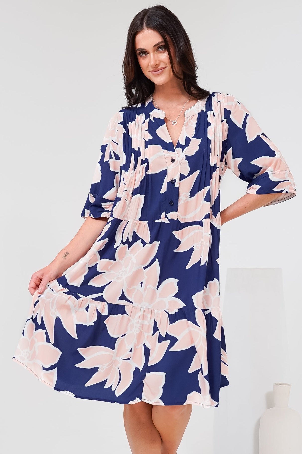 Evie Mini Dress - 3/4 Sleeve Tiered Smock Dress in Jetson Print Navy