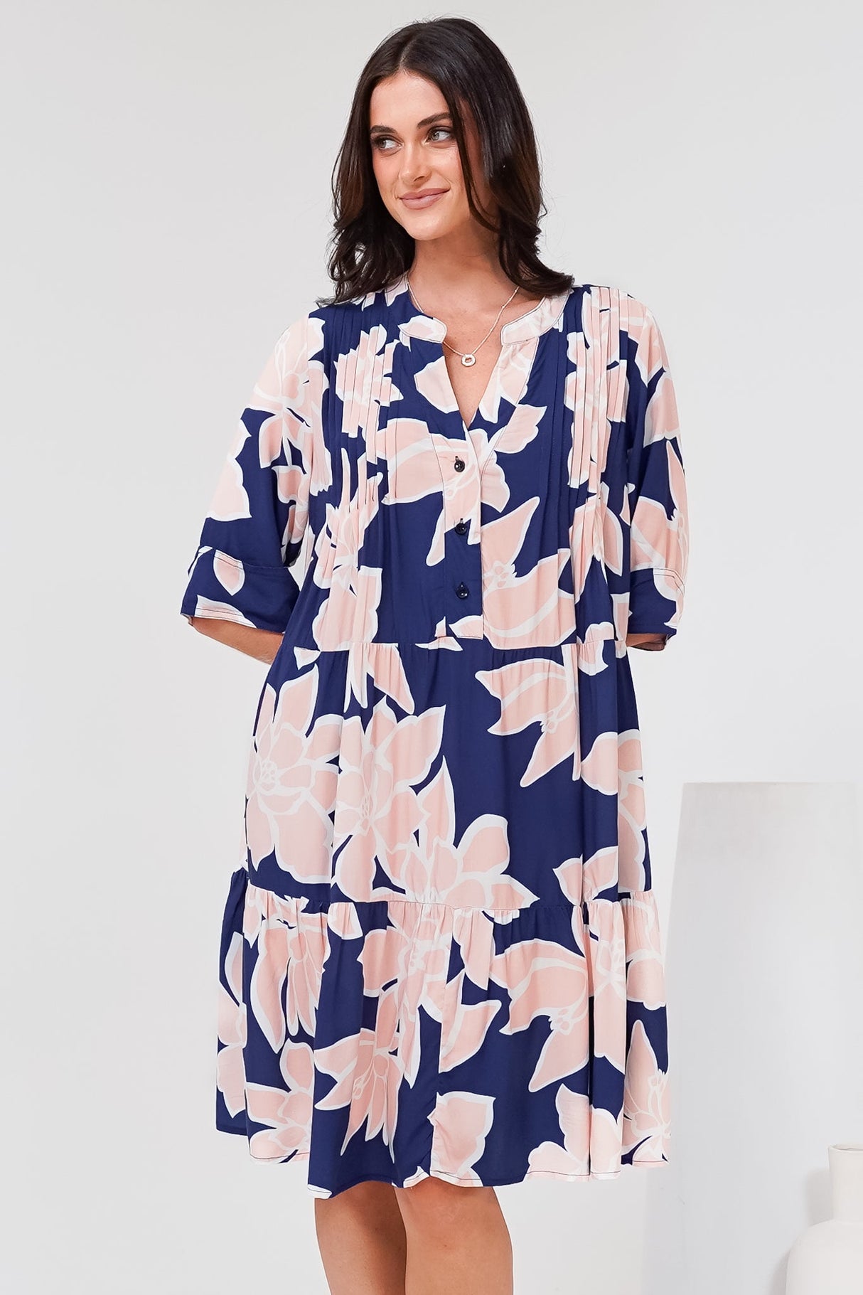 Evie Mini Dress - 3/4 Sleeve Tiered Smock Dress in Jetson Print Navy