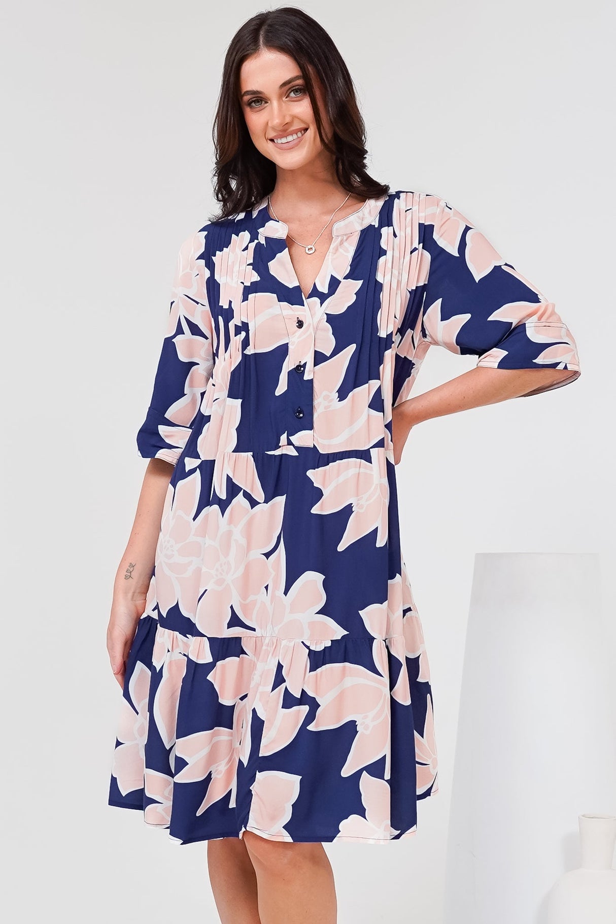 Evie Mini Dress - 3/4 Sleeve Tiered Smock Dress in Jetson Print Navy