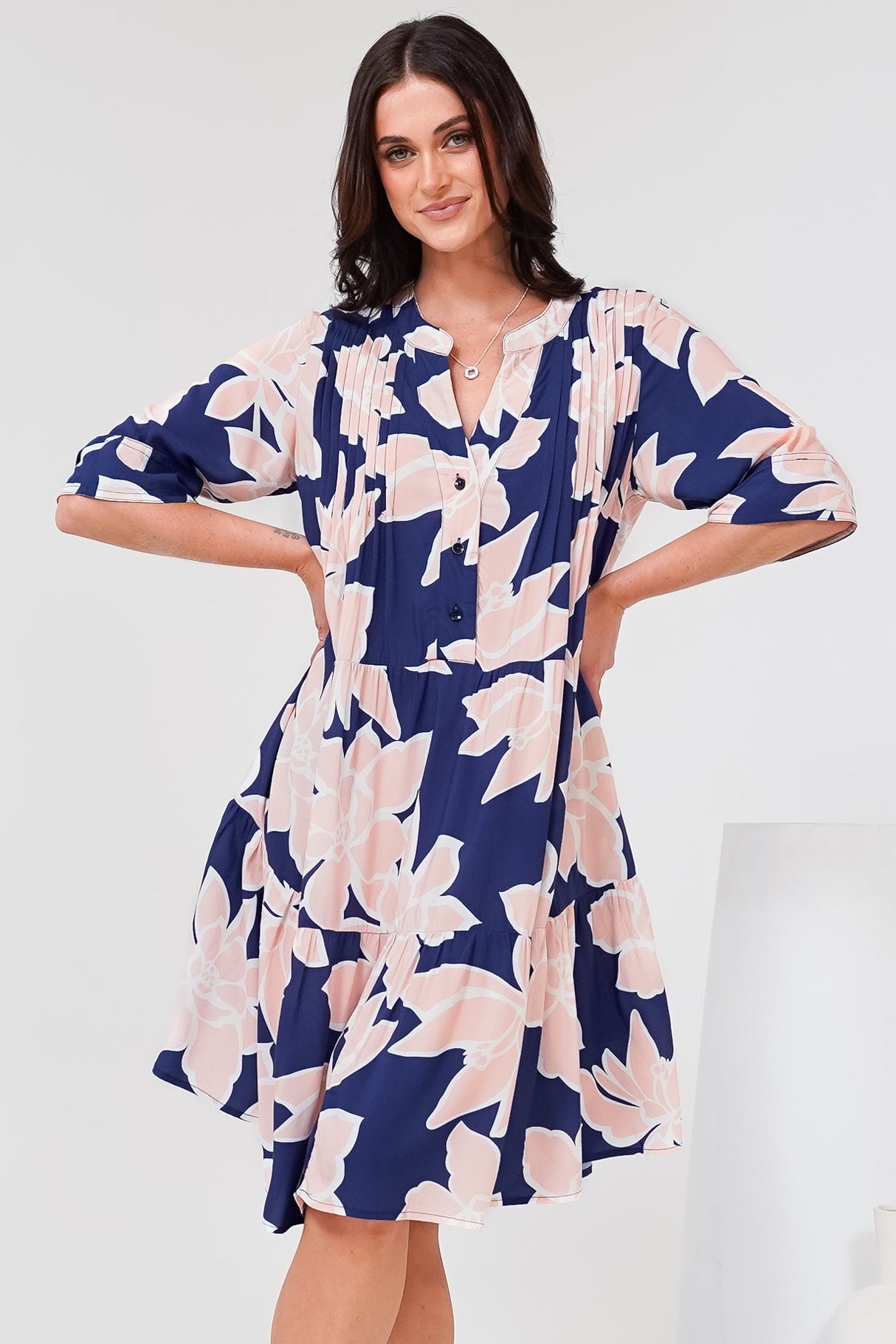 Evie Mini Dress - 3/4 Sleeve Tiered Smock Dress in Jetson Print Navy